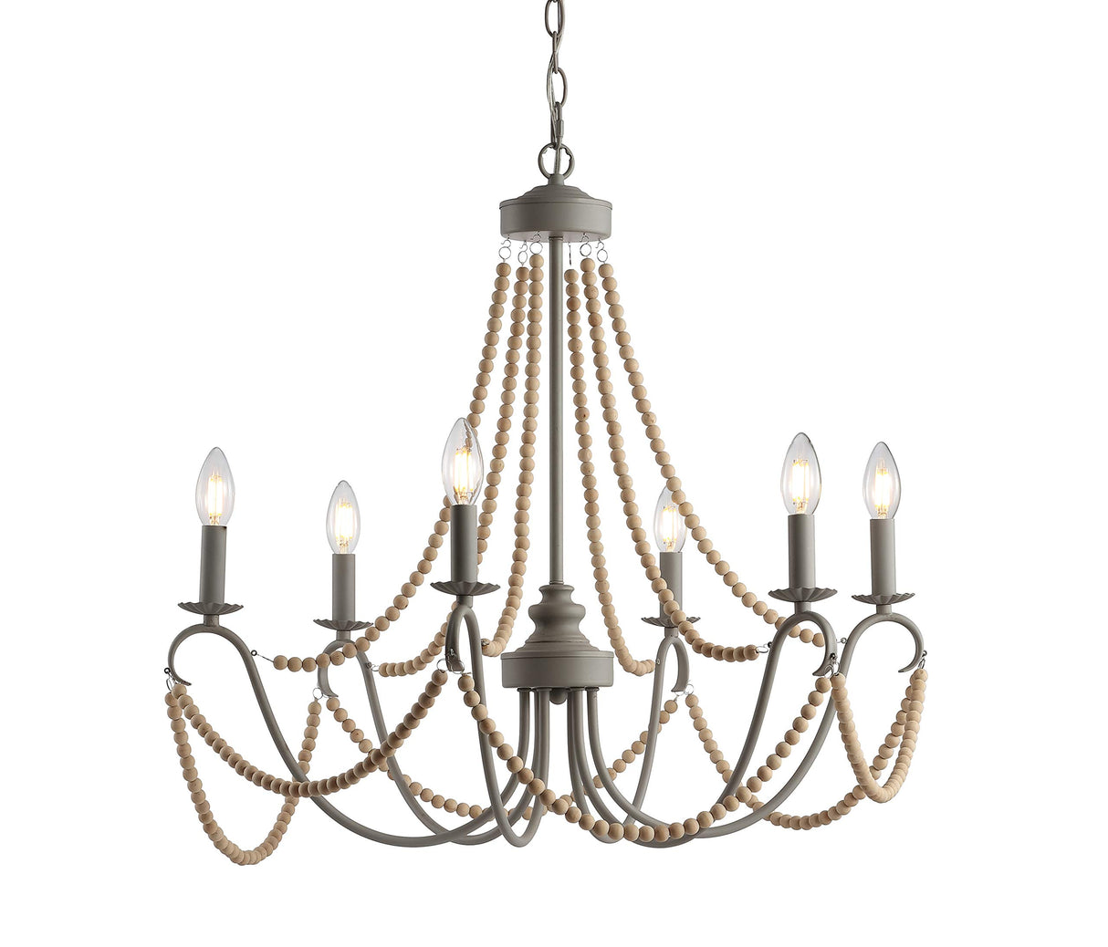 JONATHAN Y JYL9060A Rustica 6-Light 27" Adjustable Greige Metal/Wood Bead LED Chandelier Classic,FrenchCountry,Glam,Transitional Dimmable, for Dining Room, Foyer, Bedroom, Grey/Natural JONATHAN Y