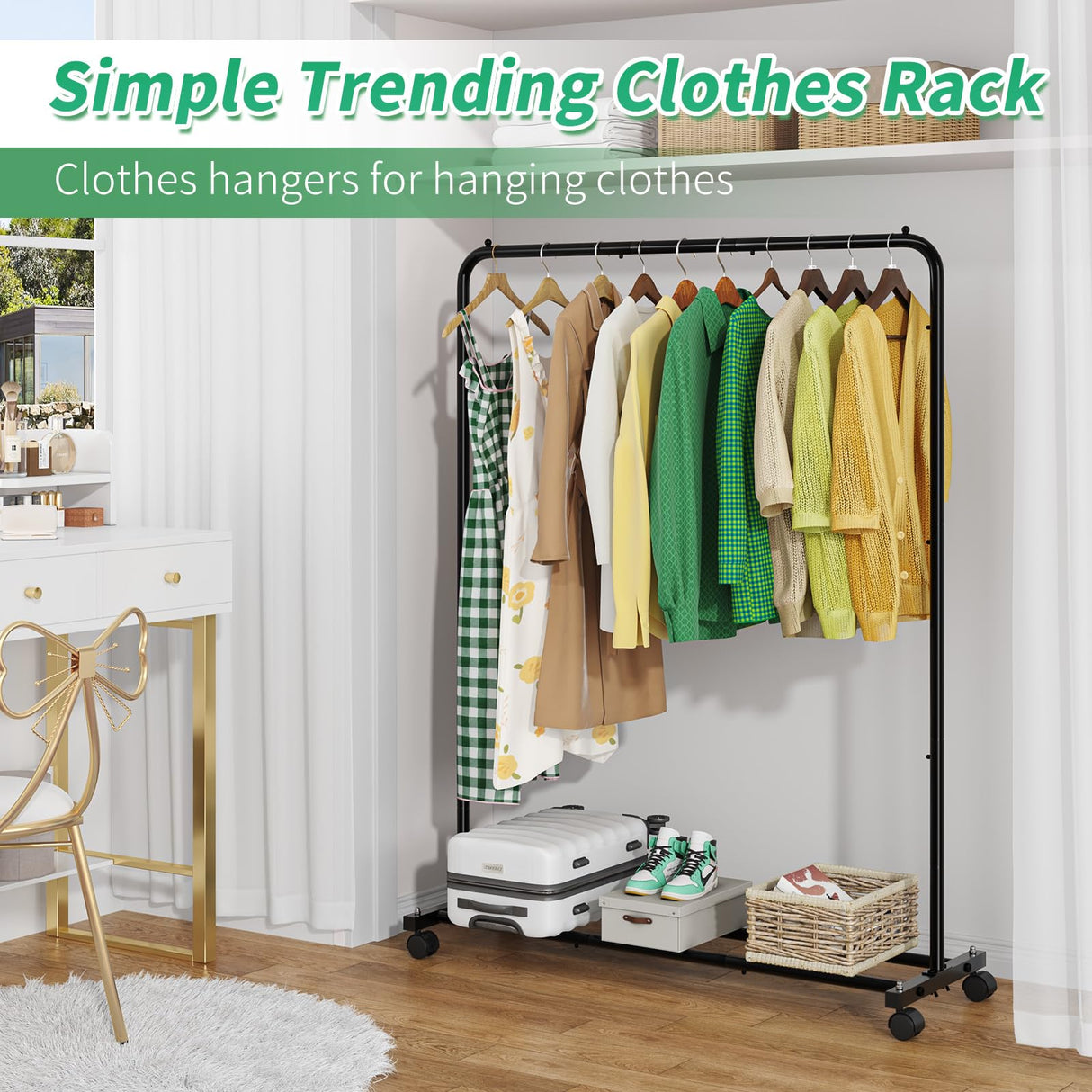 Simple Trending Standard Clothes Clothing Garment Rack with Storage Shelves, Rolling Clothes Organizer on Wheels for Hanging Clothes, Black Simple Trending