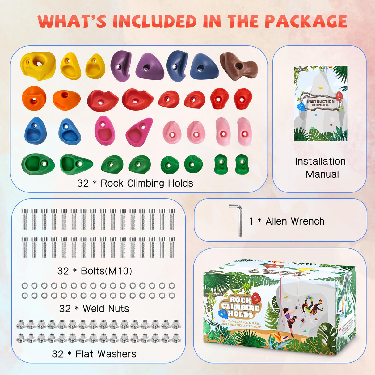 TOPNEW 32 Rock Climbing Holds Multi Size for Kids, Adult Rock Wall Holds Climbing Rock Wall Grips for Indoor and Outdoor Playground Play Set - Includes 2 Inch Mounting Hardware TOPNEW