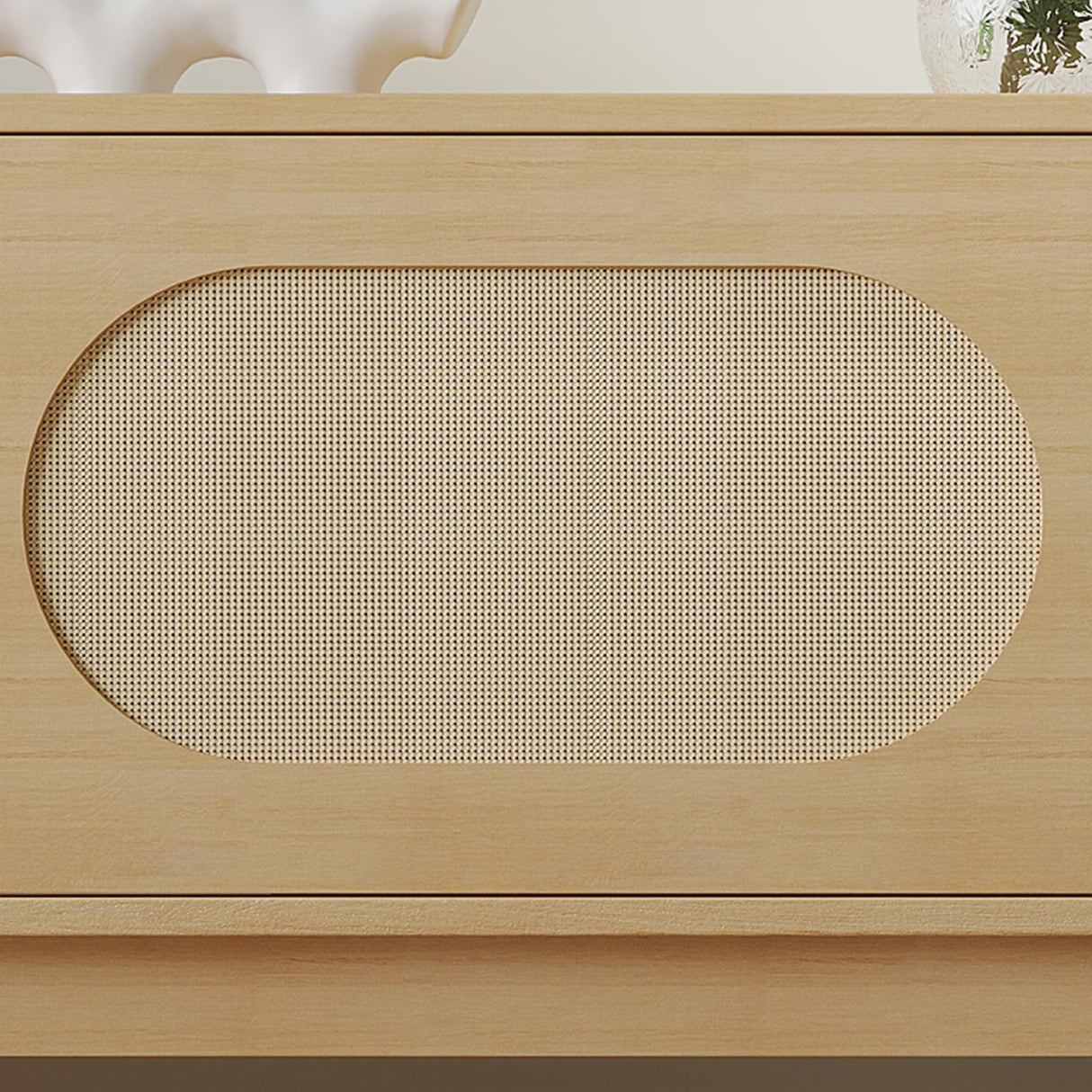 VOWNER Farmhouse Rattan TV Stand for 55/60/65 inch TV, Modern Entertainment Center with Natural Rattan Door and 2 Open Shelves, TV Console Table for Living Room, Wood Color VOWNER