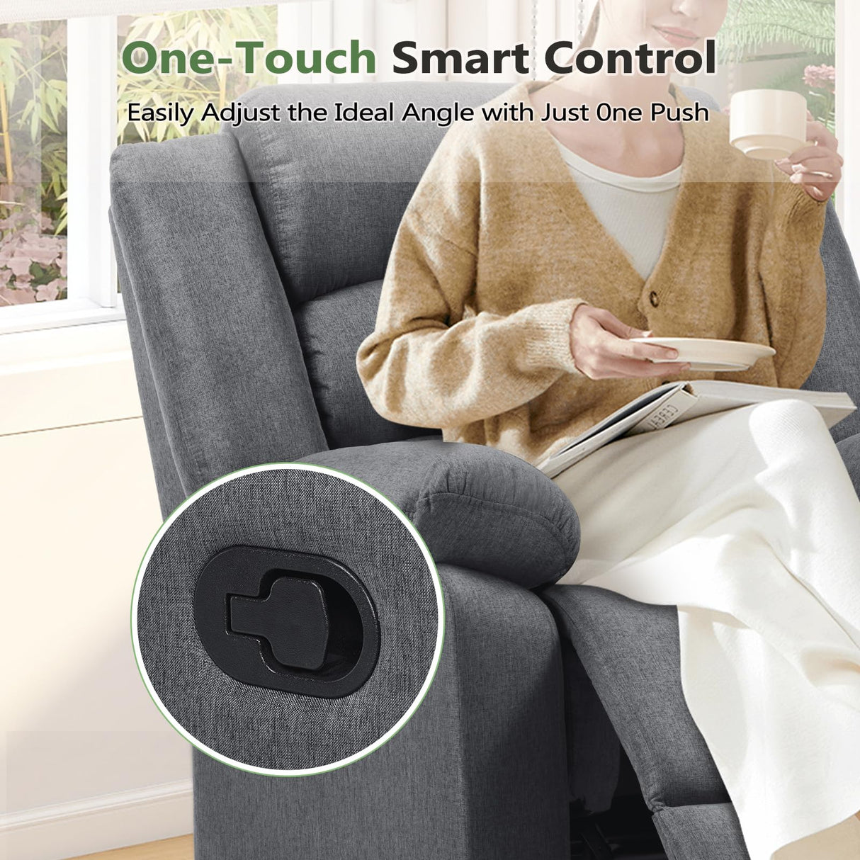 ANJ Fabric Recliner Chair with Overstuffed Arms and Back, Comfy Grey Manual Recliner for Adults, Living Room Single Sofa ANJ