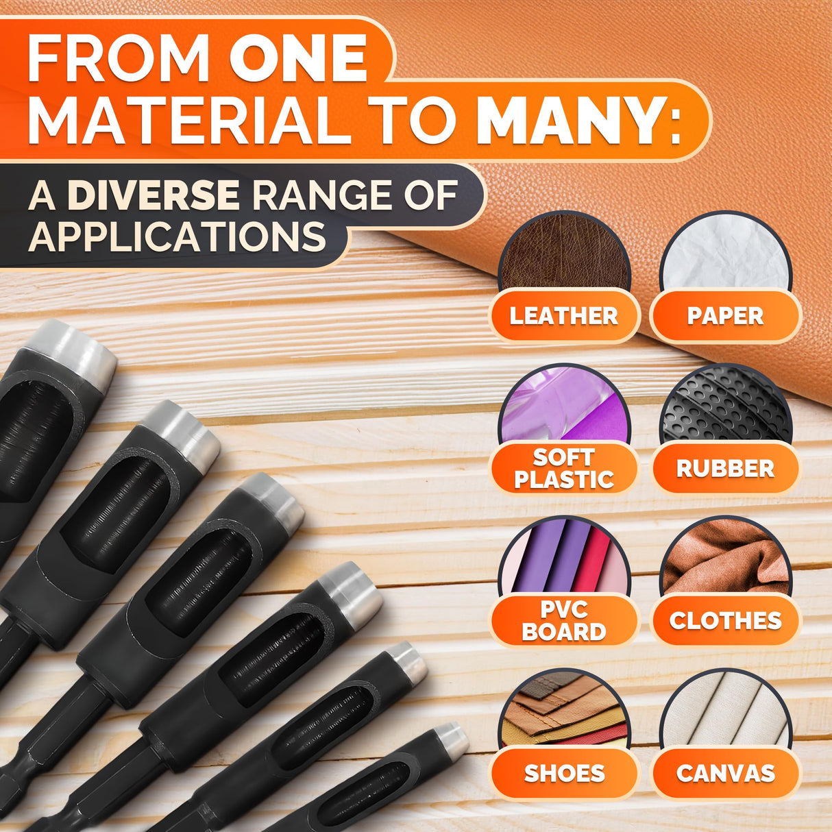 Leather Hole Punch Tool Set - 6 Pcs Drill Bits 3/16" 1/4" 5/16" 3/8" 7/16" 1/2" - High-Precision Leather Punch Tool for Belts, Fabric, and Crafts - Durable Carbon Steel, Sharp and Efficient LIBERHAUS