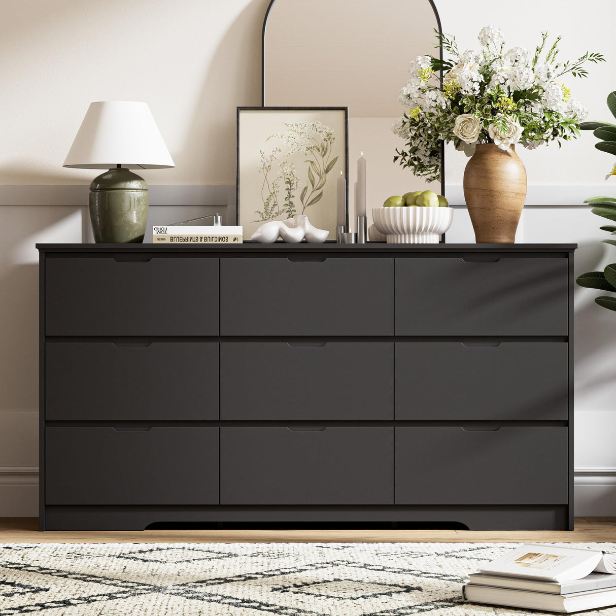 Tradare 59'' Black Dresser for Bedroom, 9 Drawer Wood Dresser with Handle Free, Large Modern Chest of Drawers for Home Office, Living Room, Entryway Tradare
