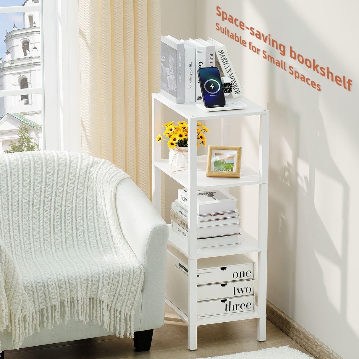 YUFAM 4 Tier Tall Wooden Bookshelf with Storage - Small White Bookcase for Small Spaces, Small Shelf for Living Room, Office, Bedroom, Kitchen - Industrial Modern Book Shelf YUFAM