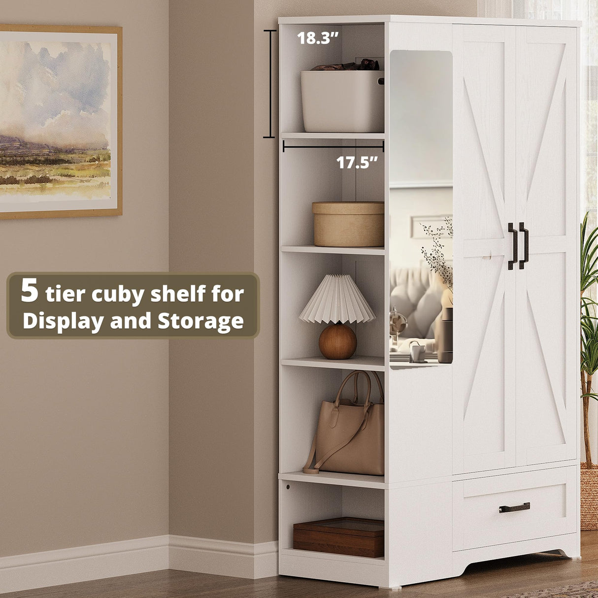 LIKIMIO Armoire Wardrobe Closet with Barn Doors and Drawers and Full Mirror and 5 Storage Shelves 70" Wooden Bedroom Wardrobe Combination for Hanging Clothes, White LIKIMIO