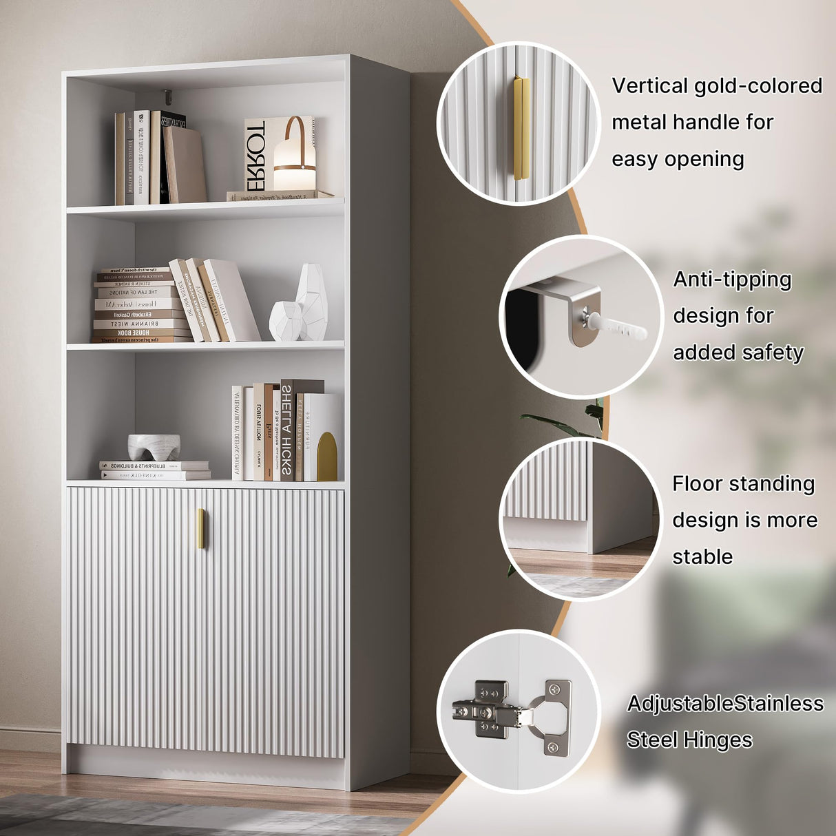 White 4-Piece Large TV Stand with 2 Bookshelves for TVs up to 70”, TV Entertainment Center Media Center with Open Storage, Media Console Table with Display Cabinet for Living Room & Home Theater MAISONARIA