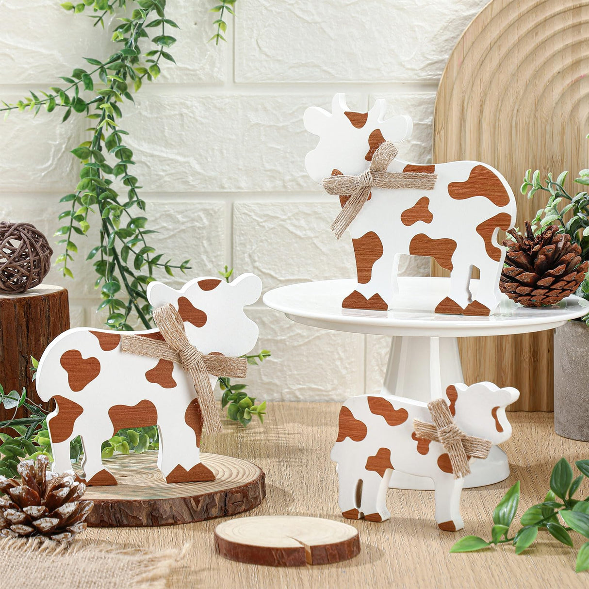 Redbaker 3 Pieces Farmhouse Tiered Tray Decor Cow Tabletop Decor Rustic Wooden Block Cow Centerpieces Decorations Wooden Tray Decor for Home Kitchen Shelf Decor Redbaker