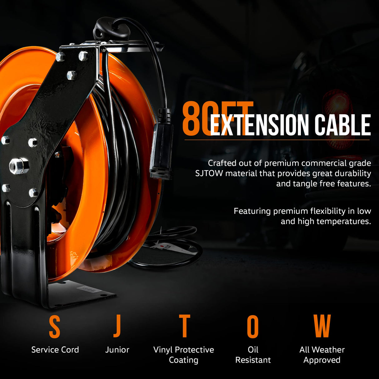 SuperHandy Extension Cord Reel Retractable 12AWG x 80' Foot 3C SJTOW Cable Triple Tap Connector Power Rating 125 Volt AC 15 Amp 1875 Watt Industrial Steel Single Arm SuperHandy