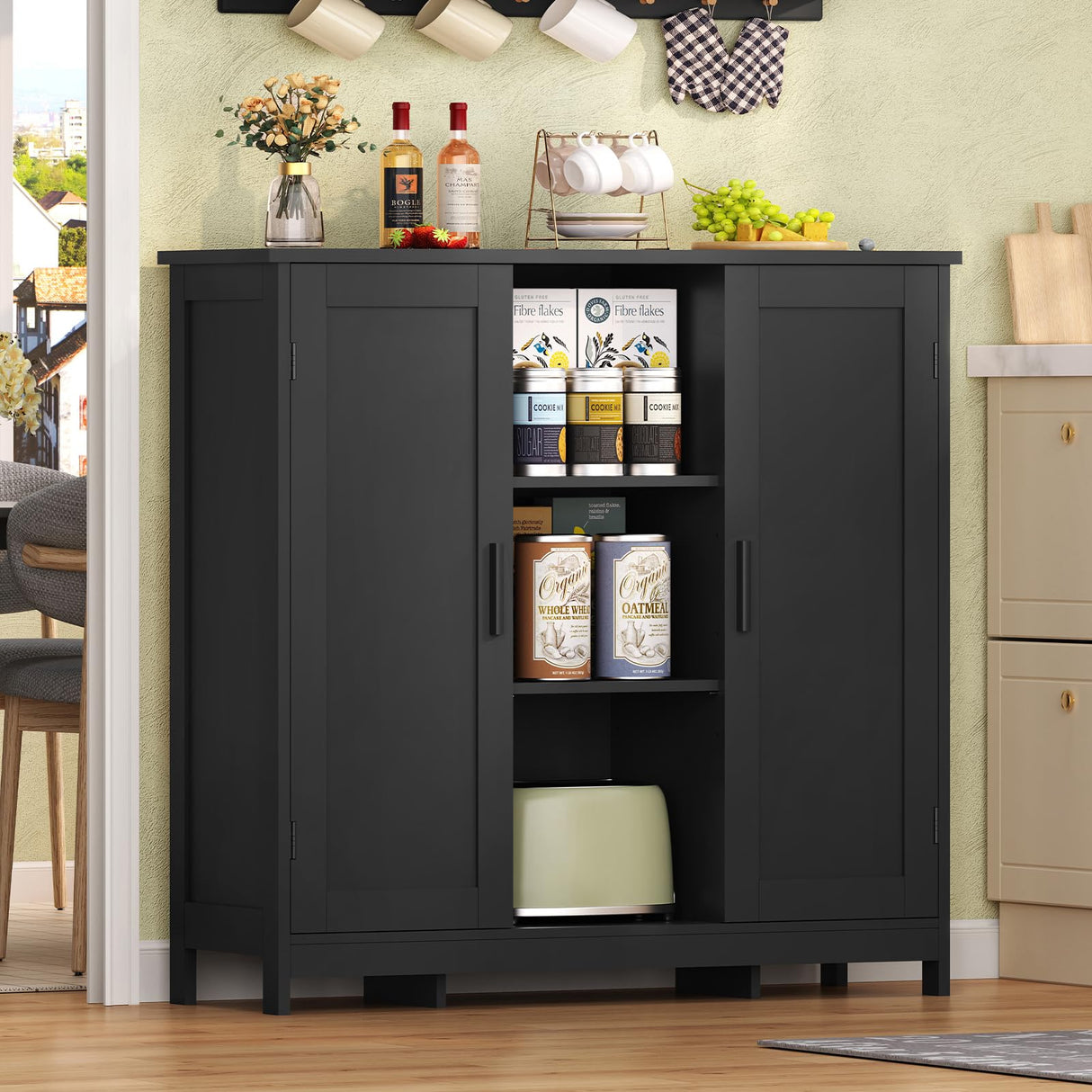 TEENFON Storage Cabinet with 2 Doors and 3 Adjustable Shelves, Entryway Cabinet, Coffee Bar for Living Room, Bedroom, Home Office, Entryway, Black TEENFON