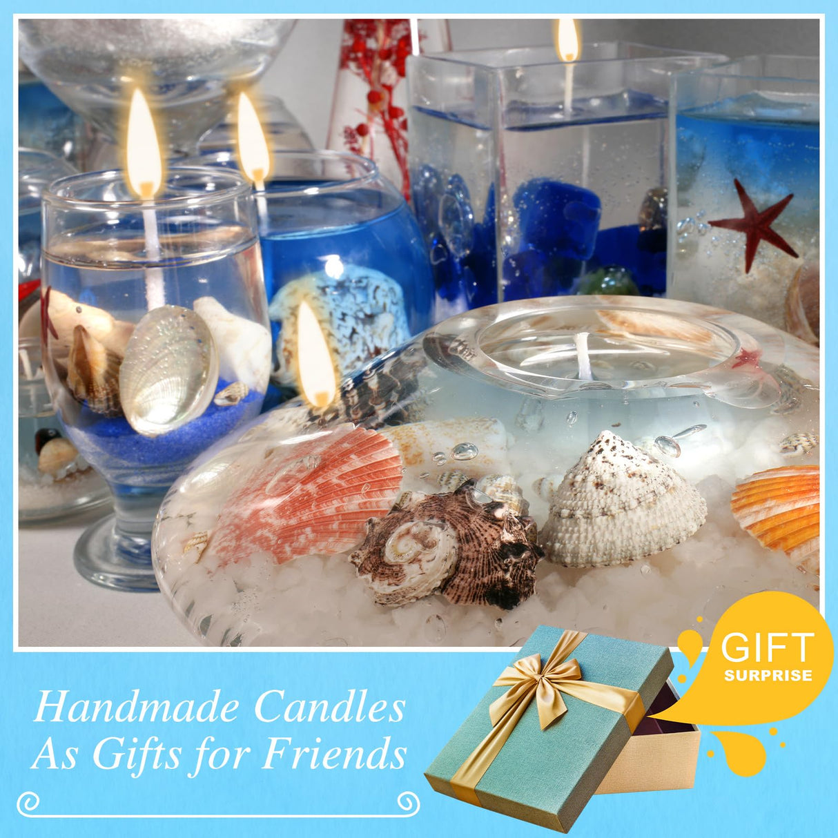 MTLEE 2 Lb Gel Wax for Candle Making DIY Sets, Jelly Wax Melts Clear Candle Wax with Seashells Starfish and Candle Wick and Wooden Candle Wick Centering Device for Candle Making MTLEE