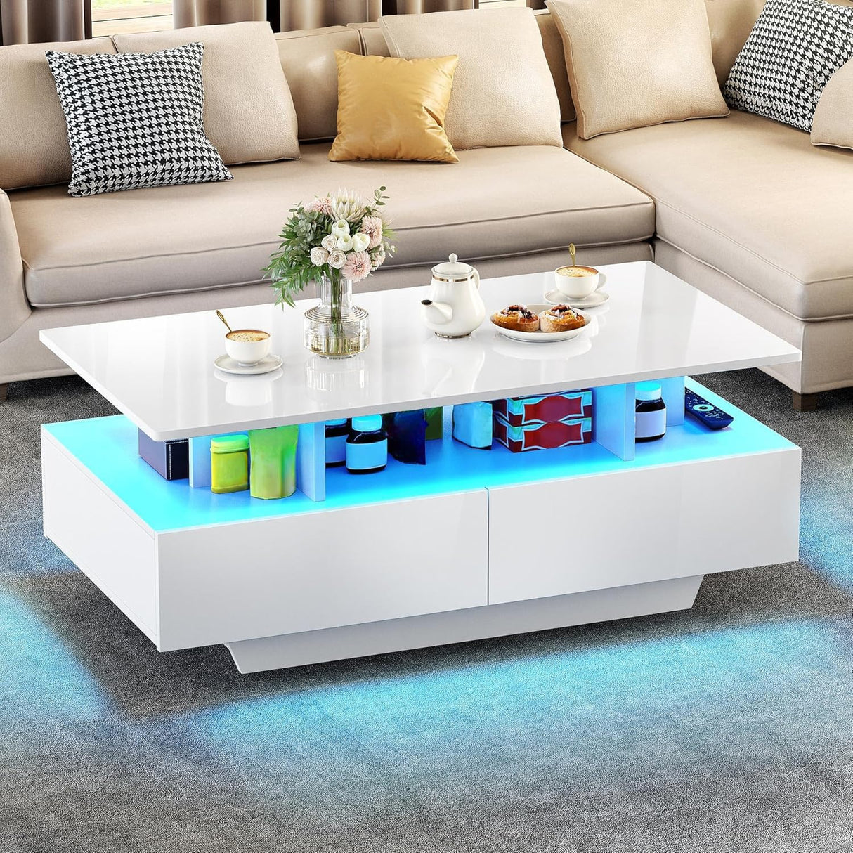 YITAHOME LED Coffee Table with Storage, Modern Coffee Tables for Living Room, High Glossy LED Coffee Table with Open Display Shelf & Sliding 4 Drawers, Rectangular Small Center Table, White YITAHOME
