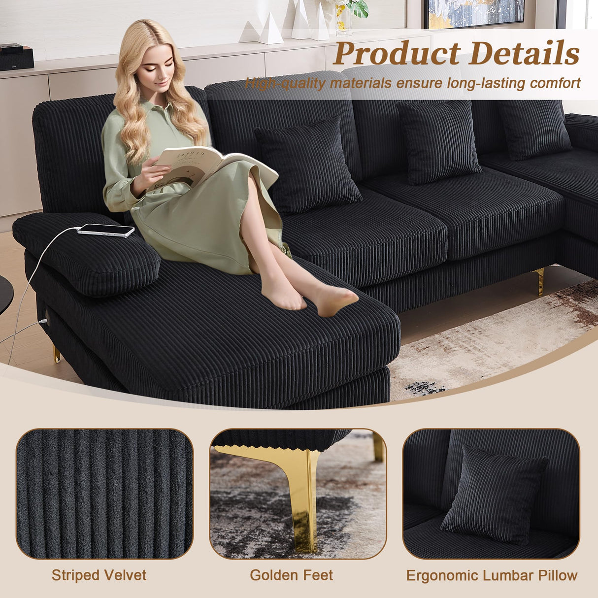 LIFEISLE 104" Sectional Couches for Living Room Modular Sofa with Double Chaise U Shaped Sofa Set with Intelligent Light for Home Furniture, Black LIFEISLE