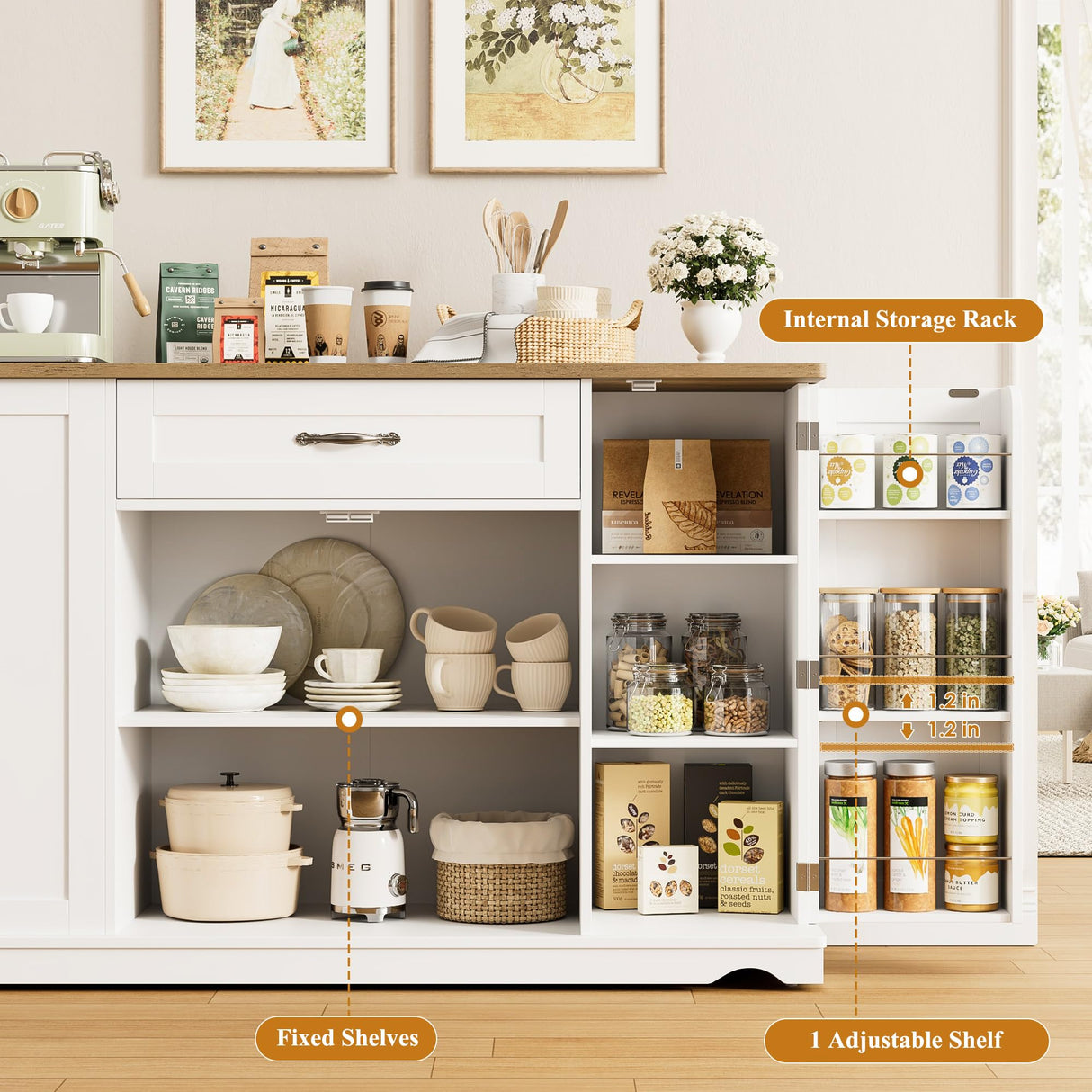 HOSTACK Kitchen Island Cart with Storage, 47'' Kitchen Storage Island on Wheels with 2 Drawers, Rolling Island Table with Adjustable Shelves, Mobile Buffet Sideboard Cabinet for Dining Room, White HOSTACK