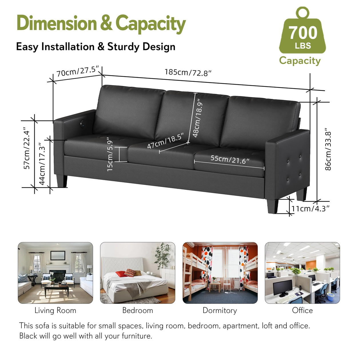 STHOUYN 73” Black Faux Leather Sofa Couch, Modern Comfy Office 3 Seater Couch Loveseat with USB and Tufted Armrest, Small Love Seat Couches for Living Room, Bedroom, Apartment STHOUYN