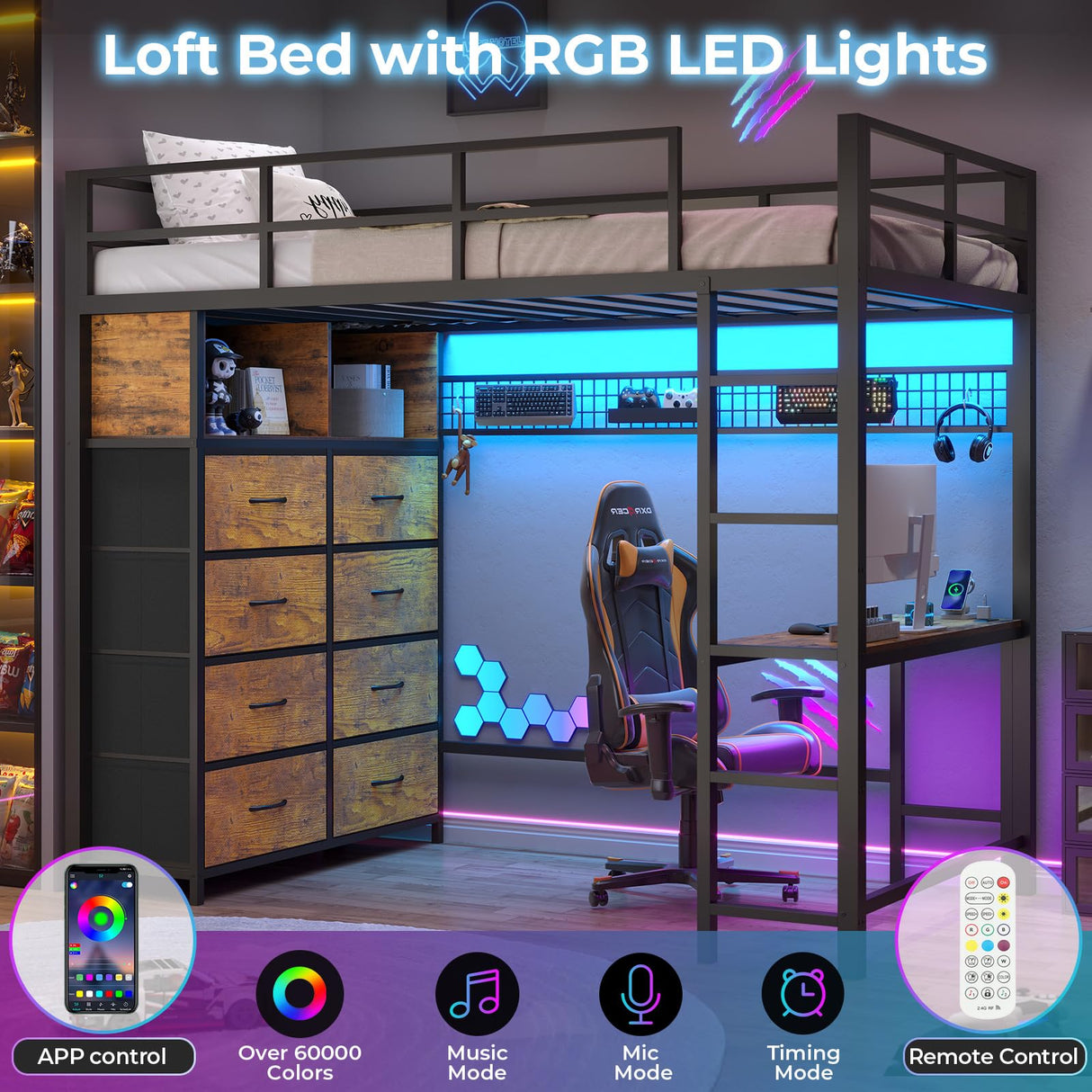 BTHFST Twin Loft Bed with Desk & 8 Drawers Tall Dresser, Metal Loft Bed with LED Lights & Charging Station, 2-Tier Storage Shelves, Stable & Sturdy, Noise Free, Rustic Brown and Black BTHFST