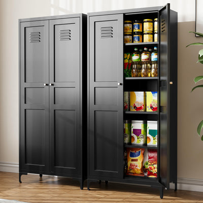 BYNSOE Kitchen Pantry Storage Cabinet with Adjustable Shelves Metal Cupboard Storage Cabinet with Adjustable Feet Pantry Cabinet for Kitchen, Living Room Dinning Room Bathroom. (Black, 61 inch)