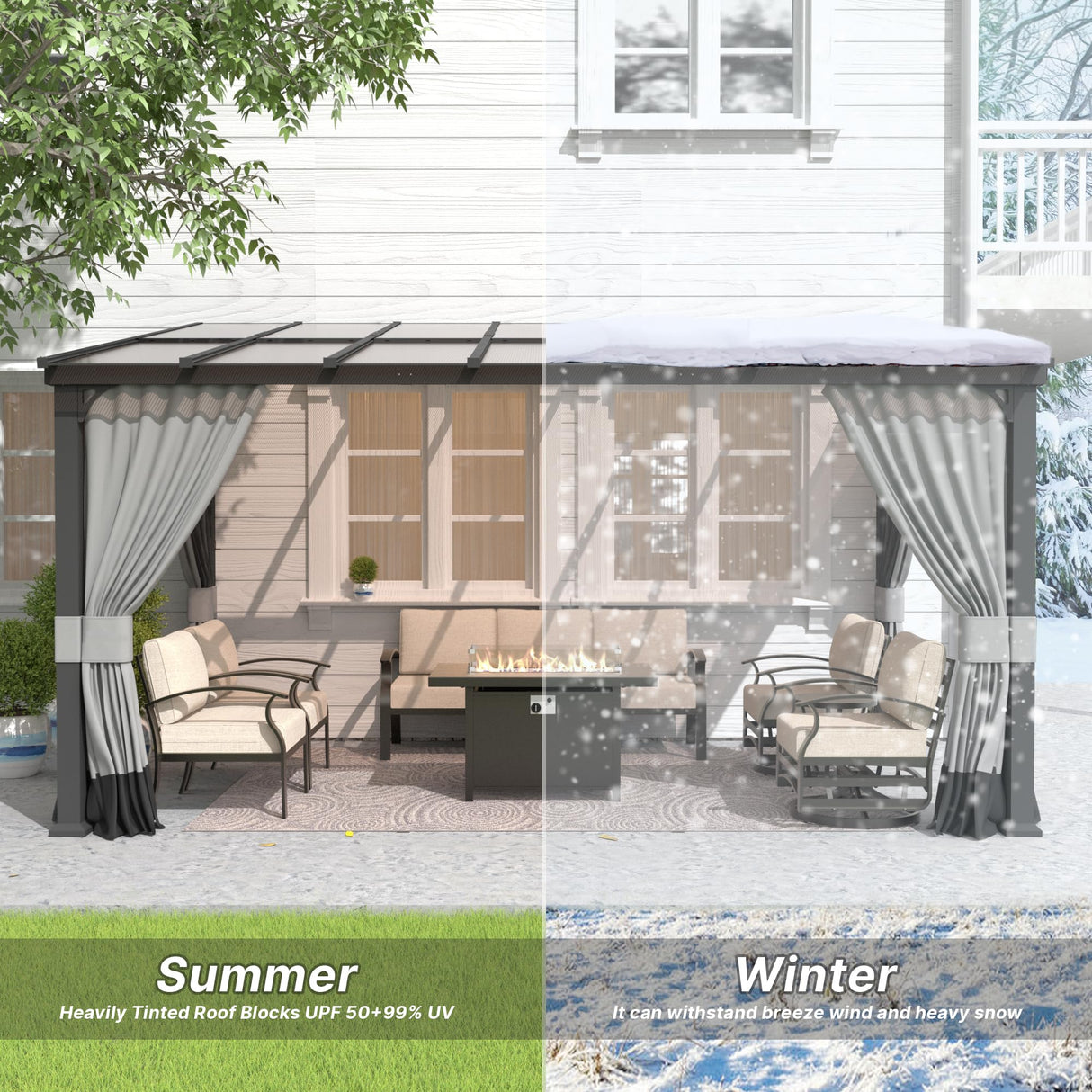 Gotland 10FTx12FT Outdoor Wall-Mounted Hardtop Pergola, Metal Frame Gazebo with Sloping Sun Panel Roof and Double Curtains for Patio, Garden, Lawn, Grey Gotland