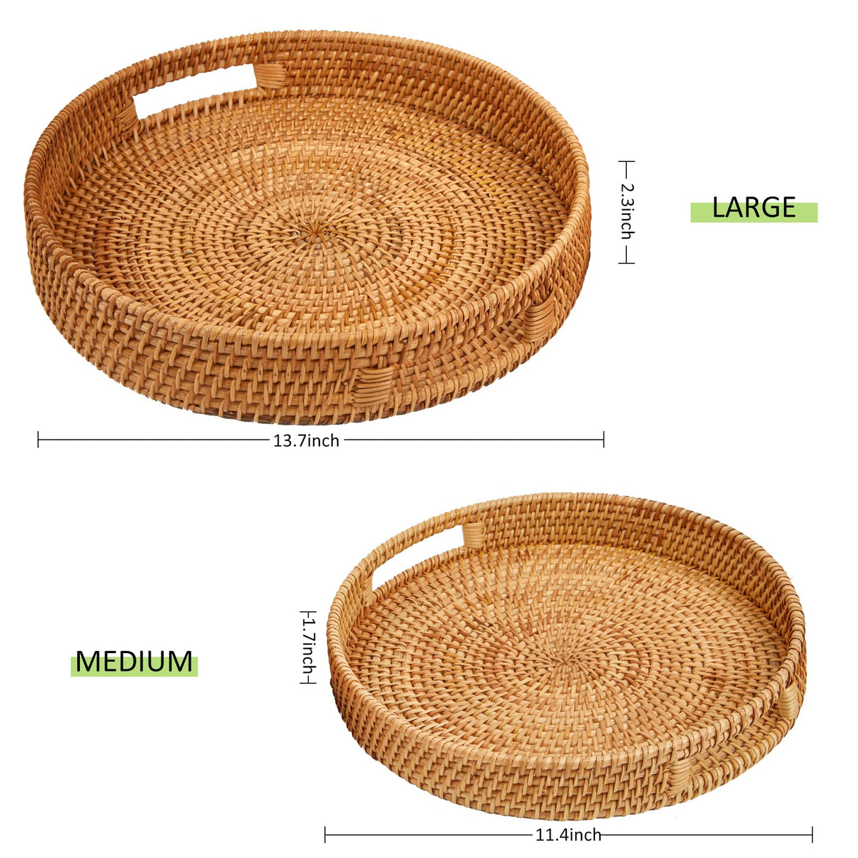Whalehub Round Rattan Serving Tray with Handles,2 Hand Woven Basket, Home Decor Organizer Tray for Breakfast, Tea, Snack, Fruit, Coffee, Storage (Large + Medium)(14.17inchX2.3inch+11.9inchX1.7inch Whalehub