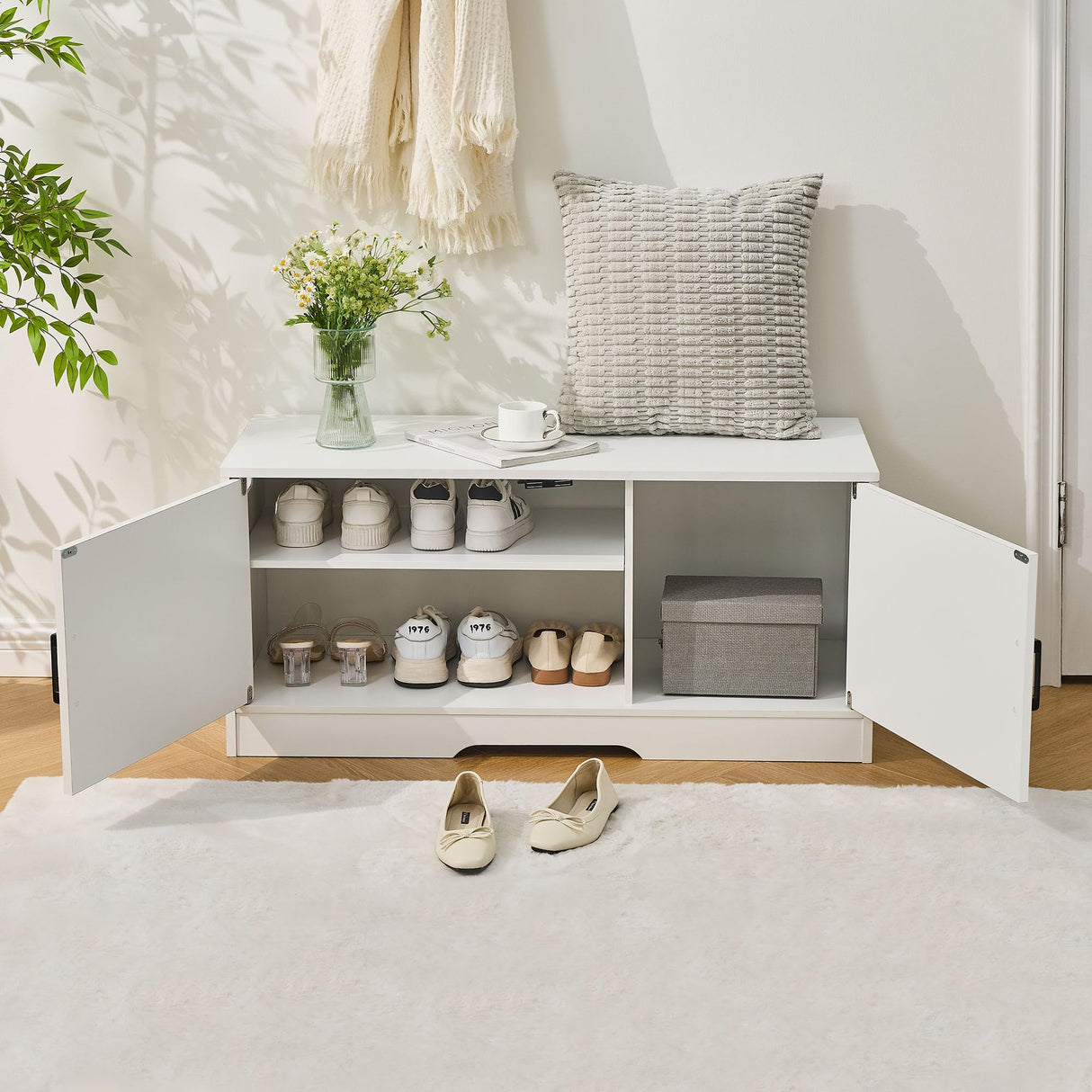 Shoe Bench, Entryway Storage Bench with 2 Doors, Shoe Rack Adjustable Shelves, Shoe Cabinet with Storage, 31.5" W x 13.8" D x 18.1" H for Entryway, Living Room, Hallway, Mudroom, Bedroom, White oakvivo