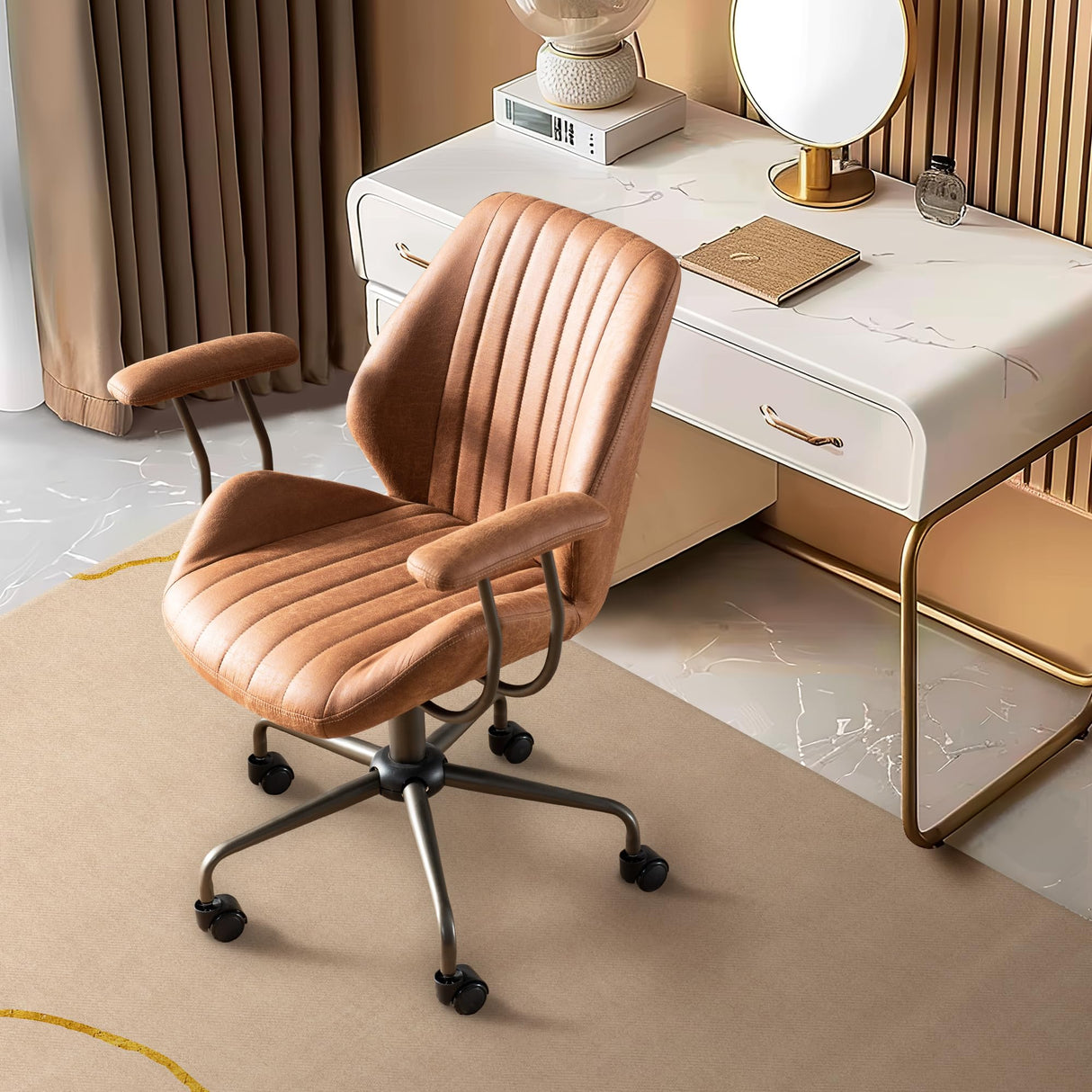 Mid Century Modren Office Chair,Mid Back Ergonomic Executive Chair with Lumbar Support, Computer Desk Swivel Task Chair with Wheels, Faux Lether Suede Fabric Home Chair, Brown ALTRIGUS