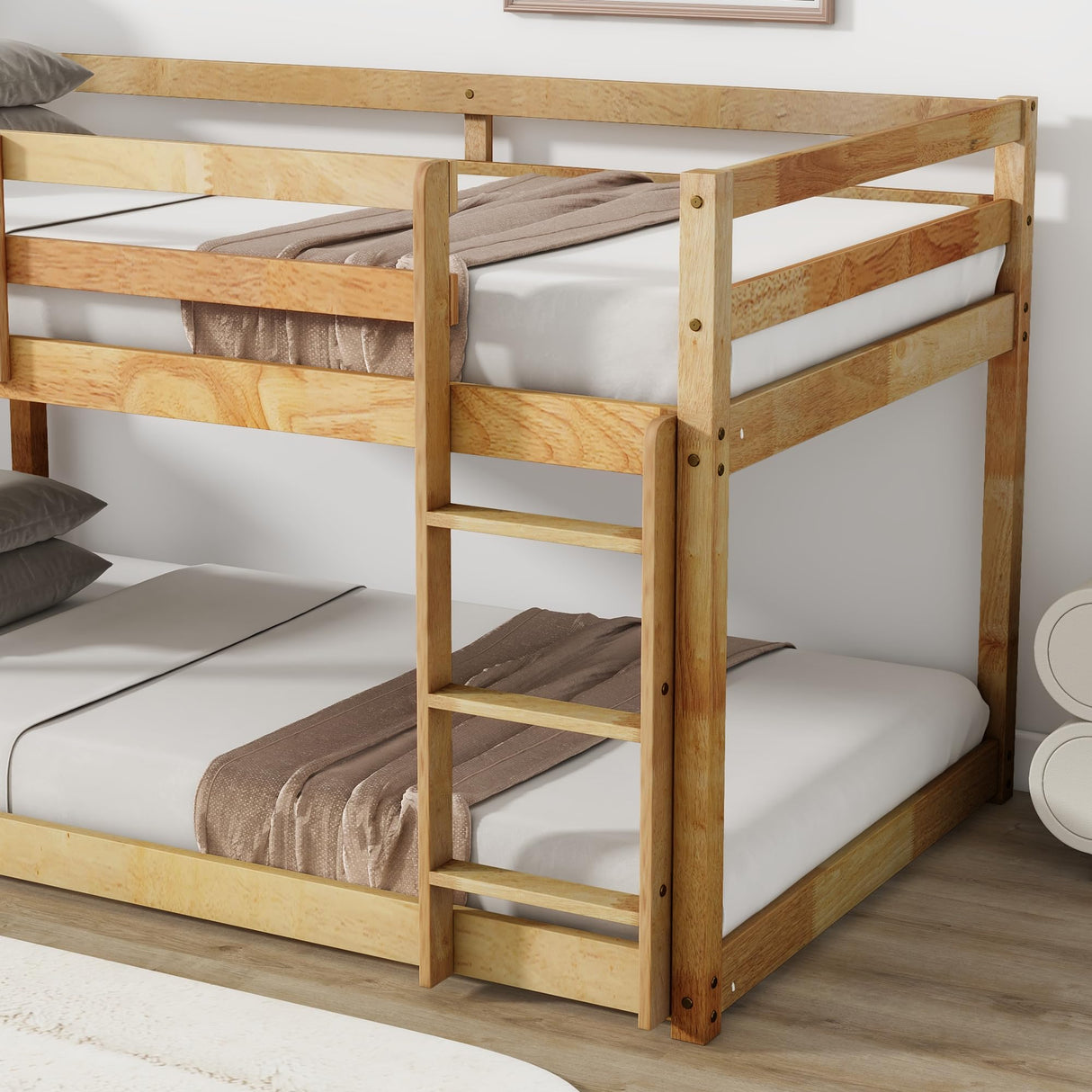 Low Bunk Beds Twin Over Twin Floor Bunk Bed Frame Junior Loft Bed for Kids Boys Girls Teens, Natural Bellemave