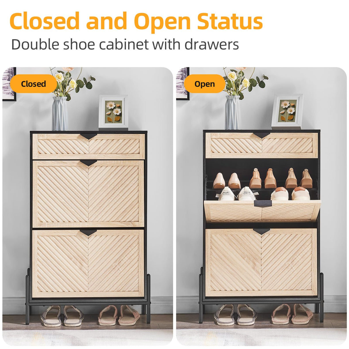 HUSHEDIFY Shoe Cabinet Storage with 2 Flip Drawers, Narrow Hidden Shoes Organizer Cabinet for Entryway, Freestanding Slim Shoe Rack Front Door Entrance(Oak&Black) HUSHEDIFY