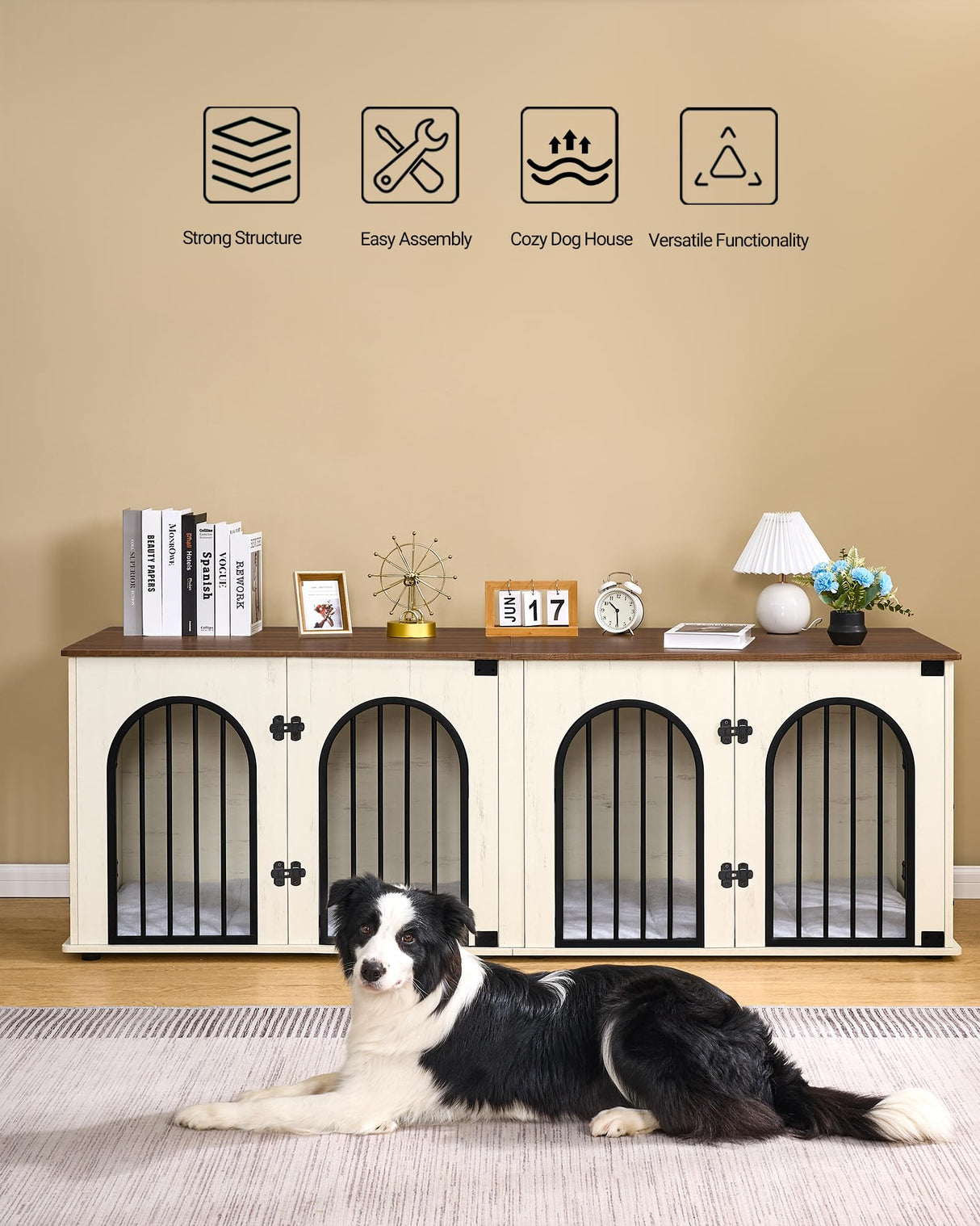 Hzuaneri Dog Crate Furniture, 71" Heavy Duty Dog Kennels with Divider, Pads, Side Table, TV Cabinet, Wooden Dog Crate Furniture for 2 Dogs, Small/Medium/Large Dog, Anti-Chew, White Brown Hzuaneri