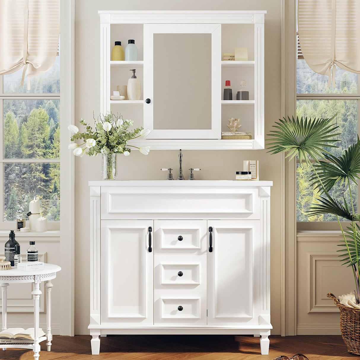 Merax 36" Bathroom Vanity with Sink, 36 inch Bathroom Vanity Storage Cabinet with Matching Mirror Medicine Cabinet, Ceramic Sink Top, Solid Wood Frame, Painted Finish (White) Merax