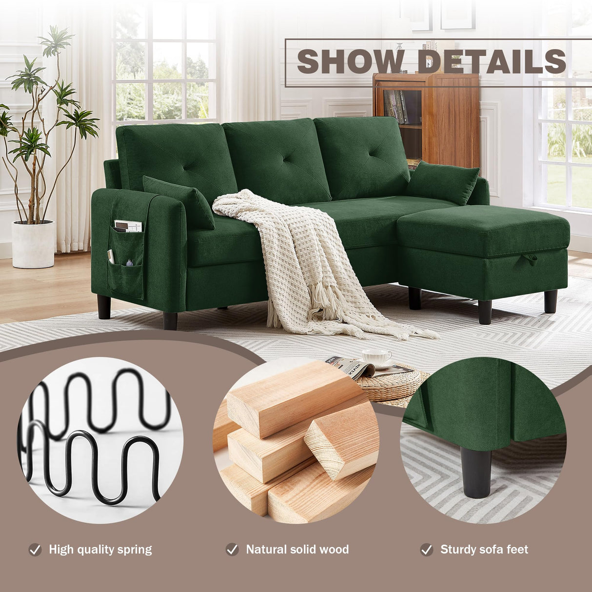 Portaforta 77" Convertible Sectional Couches with Storage Ottoman, 3-Seat L Shaped Couch with Side Storage Pockage, Linen Fabric Small Couches for Living Room, Apartment and Small Space, Green Portaforta