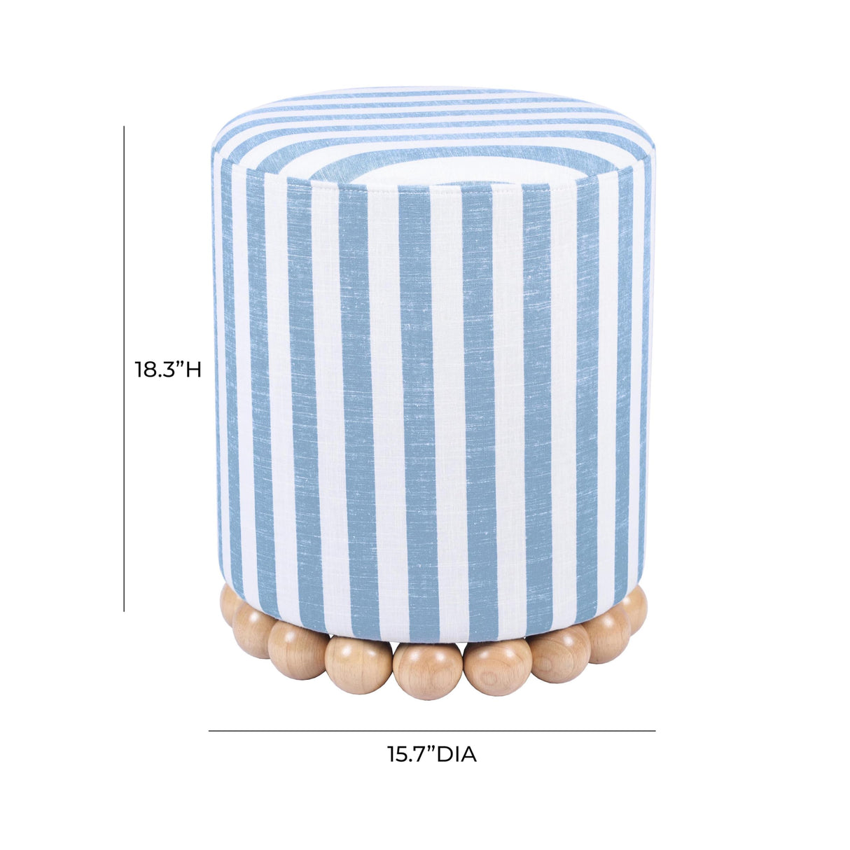 Tov Furniture Dex Pastel Blue Striped Linen Round Ottoman with Wooden Base Tov Furniture