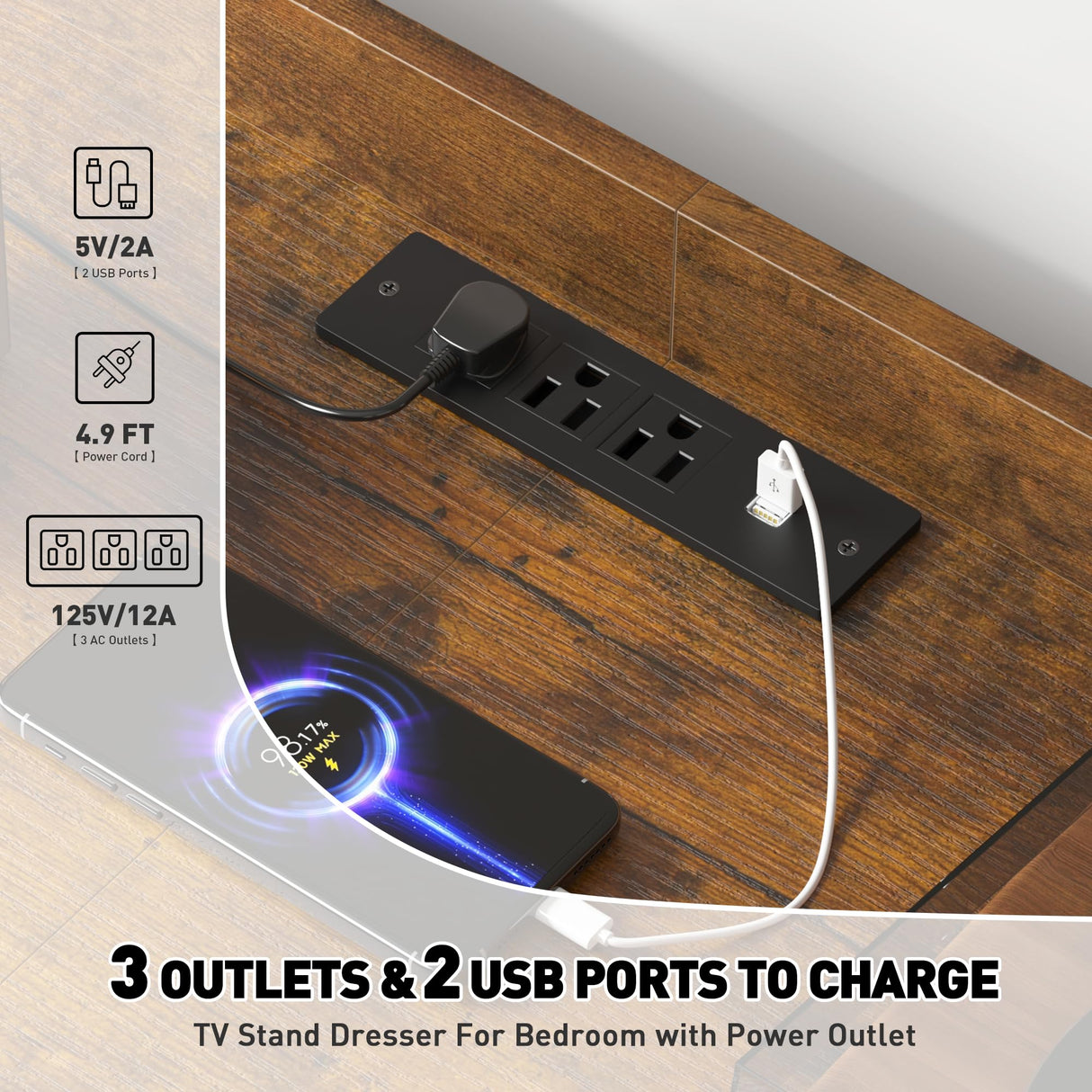 EnHomee Dresser for Bedroom with 11 Drawers for 60" TV Stand for Bedroom with LED Lights & Charging Station Long Dresser with Shelves & 4 Hooks Sturdy Metal Frame & Fabric Drawers (Rustic Brown) EnHomee