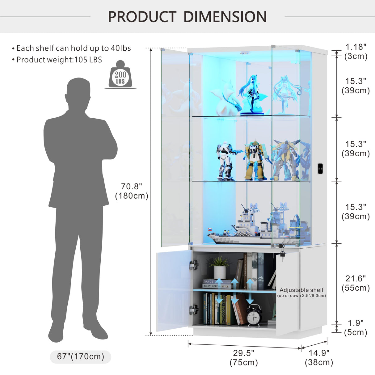 Lvifur 71” Glass Display Cabinet with Lights, Modern Curio Cabinet Display Cases for Collectibles, Locking Cabinet with Shelves & Drawers, Tall Bookcase with Human Body Sensor for Living Room (White) Lvifur