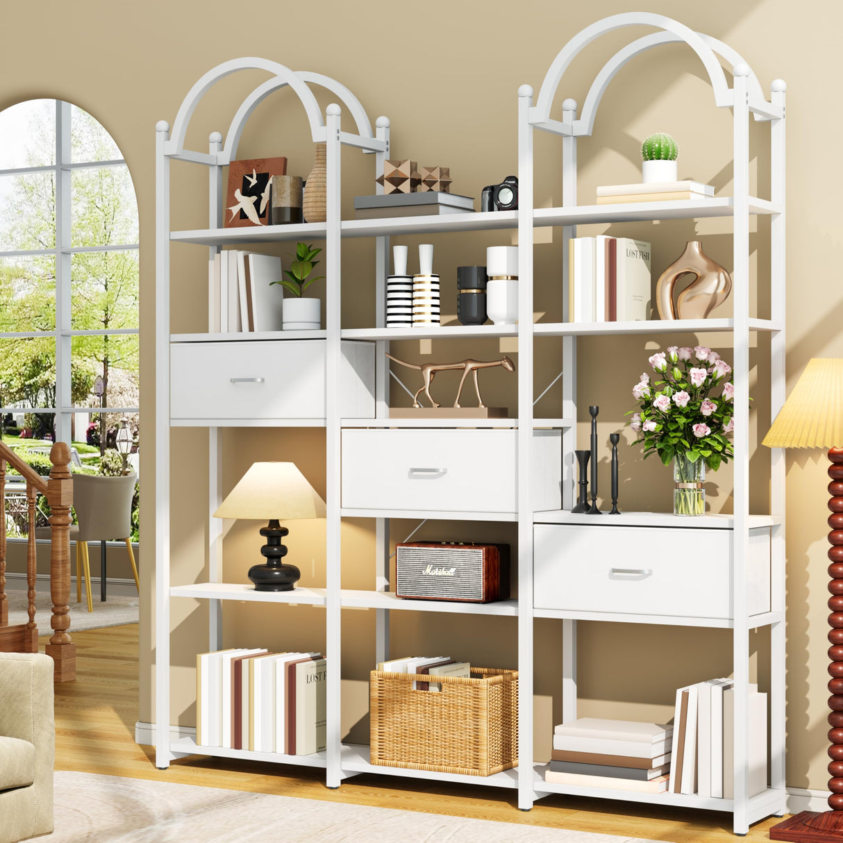 Nosepen 83.5" Tall Arched Bookshelf with 3 Drawers and 13 Storage Shelves, Industrial Open Book Shelf with Display Shelves, Large Etagere Bookshelf, Triple Wide Book Case for Home & Office, White Nosepen