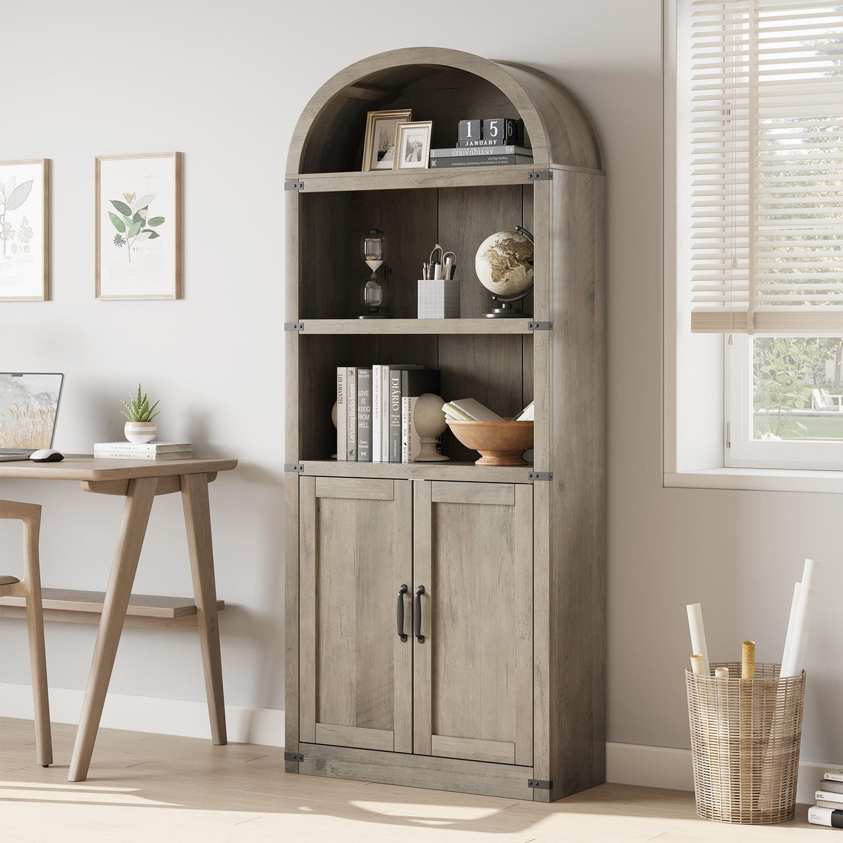 Garveehome Bookcase with Doors Arched Bookshelf 71.65in Tall Bookcase Farmhouse Cabinet with Shelves Wooden Bookshelves for Home Office, Living Room Garveehome