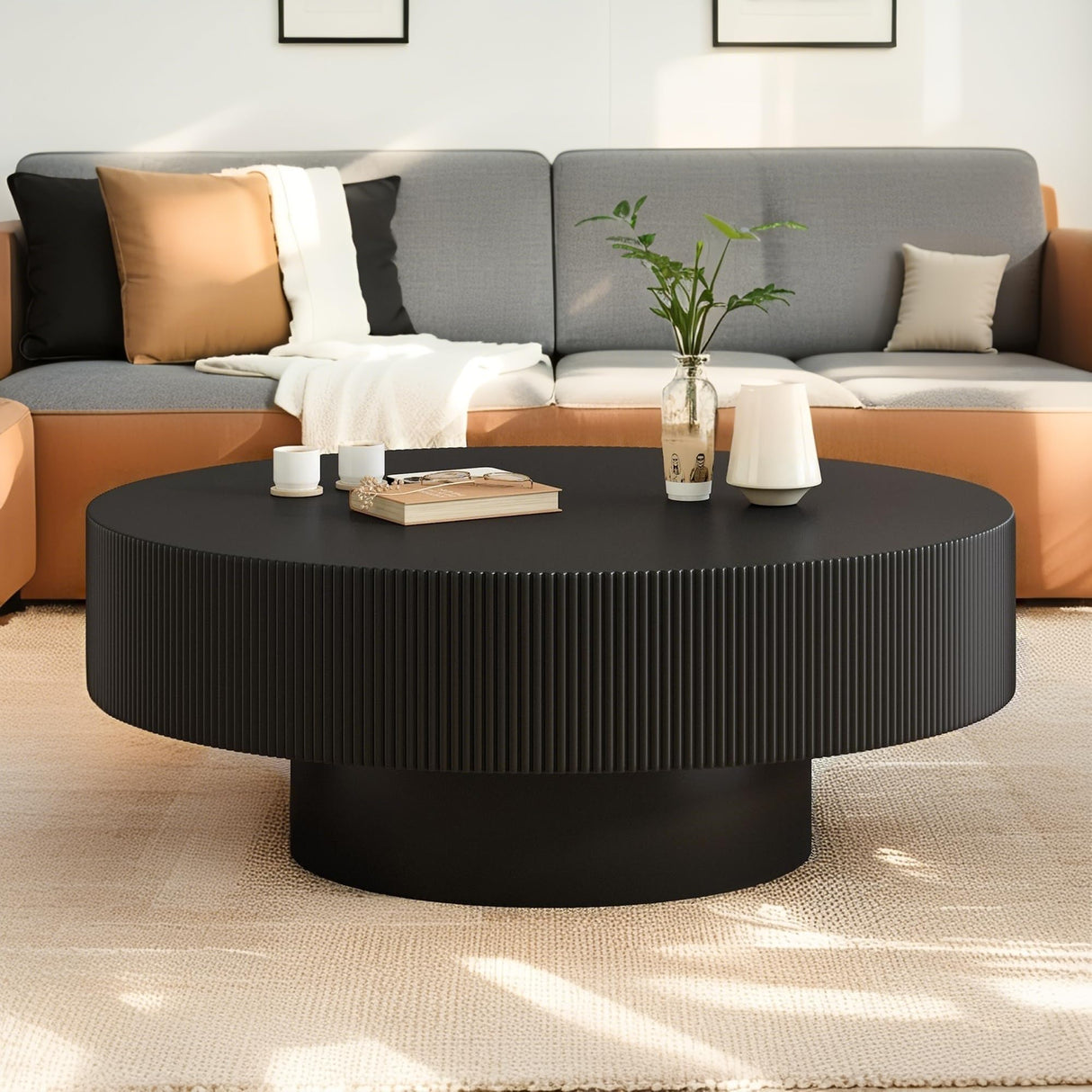 Merax Modern Round Coffee Table with Sturdy Base, Wood Center Tables for Living Room Reception Room, Easy Assemble, Black Merax