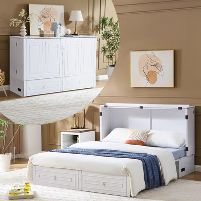 Tykacna Queen Murphy Bed with Tri-Folding Mattress, Space-Saving Queen Size Wall Bed Built-in Charging Station, Foldable Murphy Bed Cabinet with 2 Storage Drawers for Bedroom, Guest Room, White