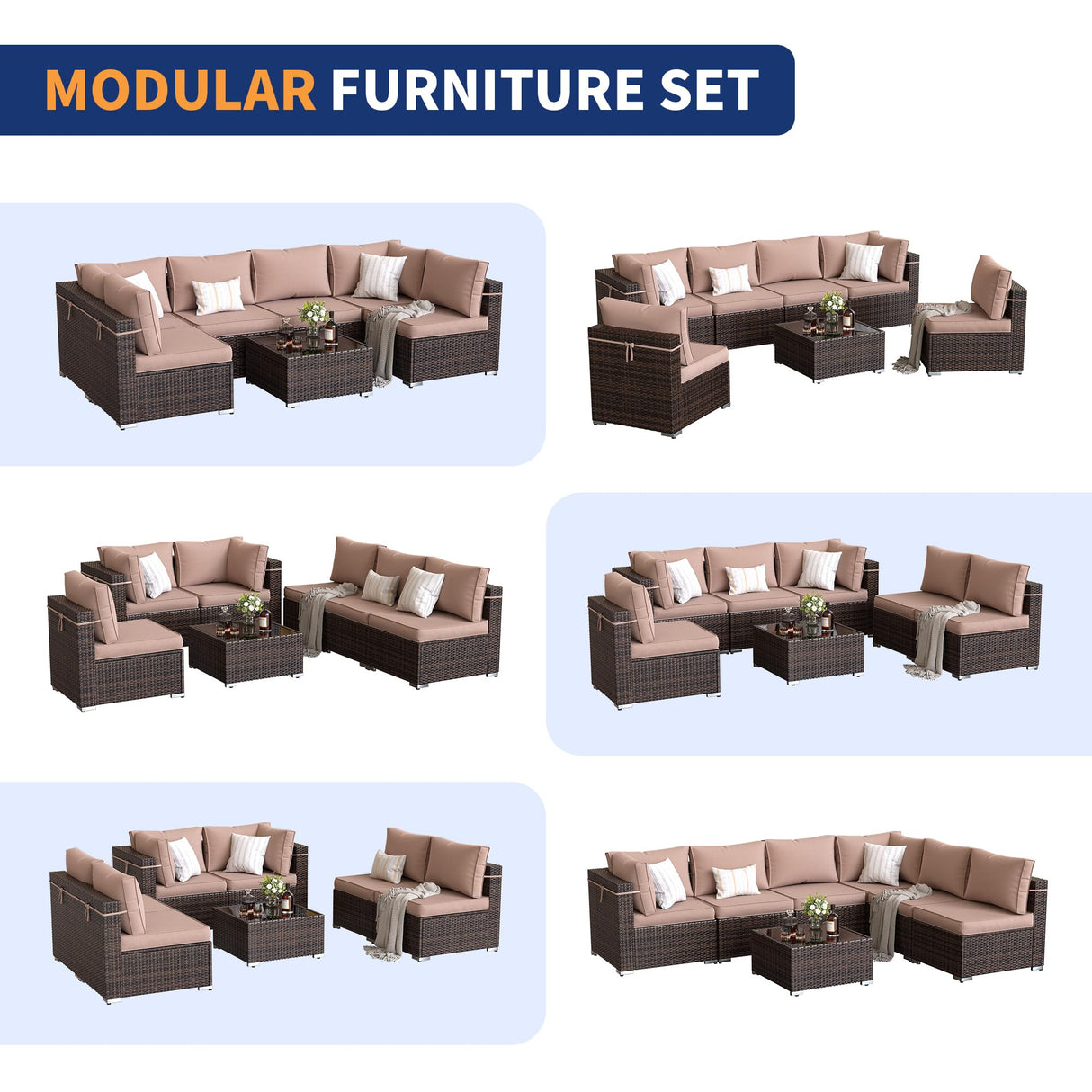 VONZOY Patio Furniture Set, 7-Piece Outdoor Sectional with Waterproof Cover, All-Weather Wicker Patio Conversation Sets for Backyard (Brown with Beige Cushion) VONZOY