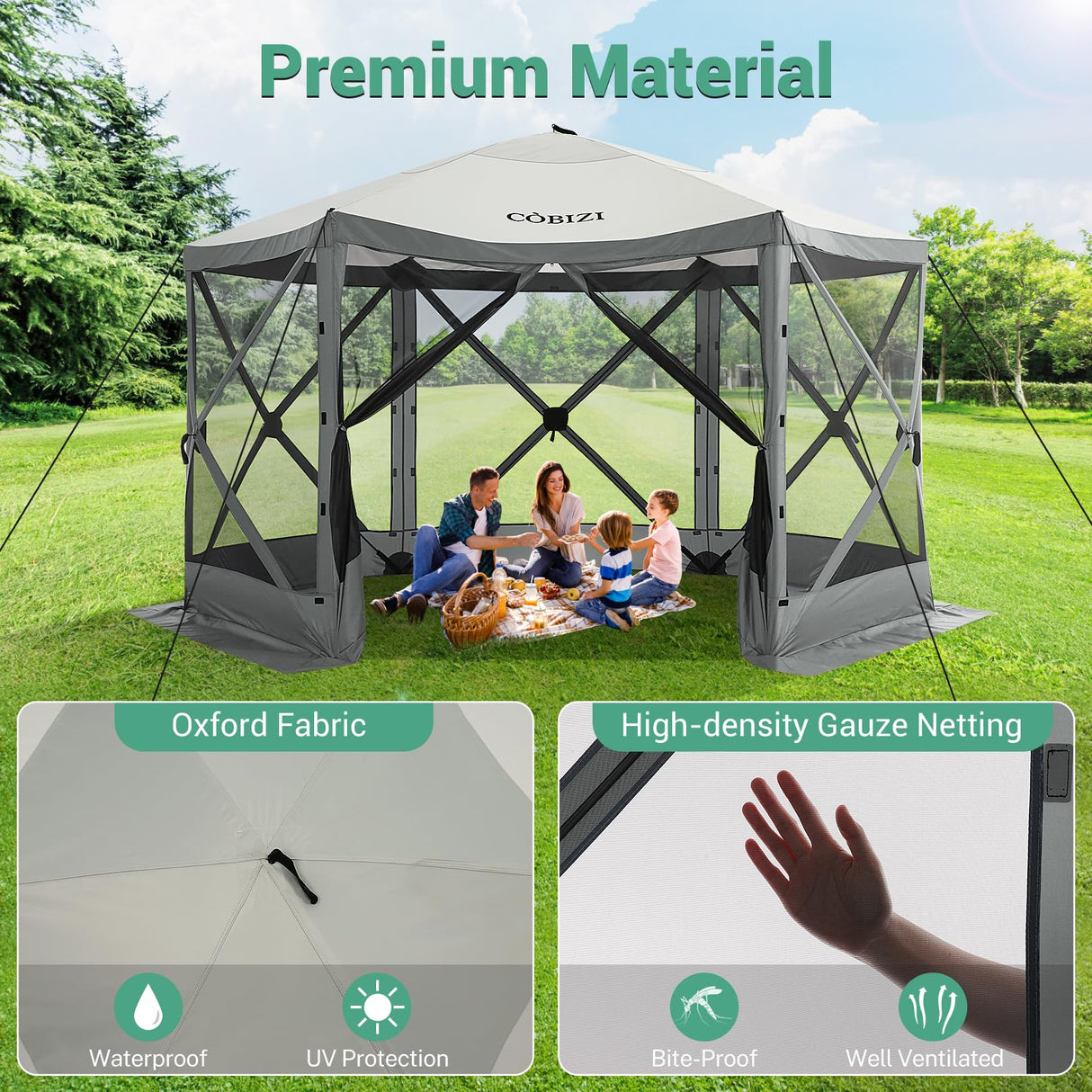 COBIZI 12x12ft Pop up Gazebo Screen Tent Screen House for Camping, Camping Outdoor Screened Gazebo with Sidewalls, Portable Hub Tent with Carrying Bag and Ground Stakes, Grey(Upgraded 2.0) COBIZI