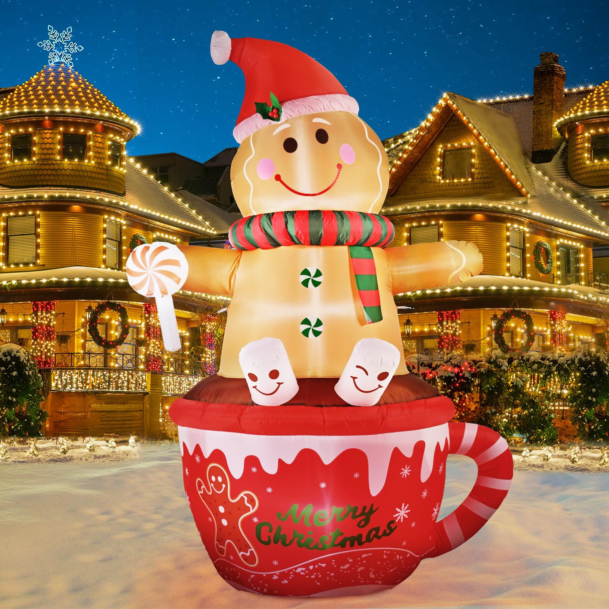 7.5 FT Christmas Inflatable Outdoor Decoration, Gingerbread Man Hot Cocoa Cup Christmas Blow up Yard Decorations with Buit-in LEDs, Gingerbread Inflatable Holiday Indoor Outdoor Party Patio Xmas Gifts Pattiumo