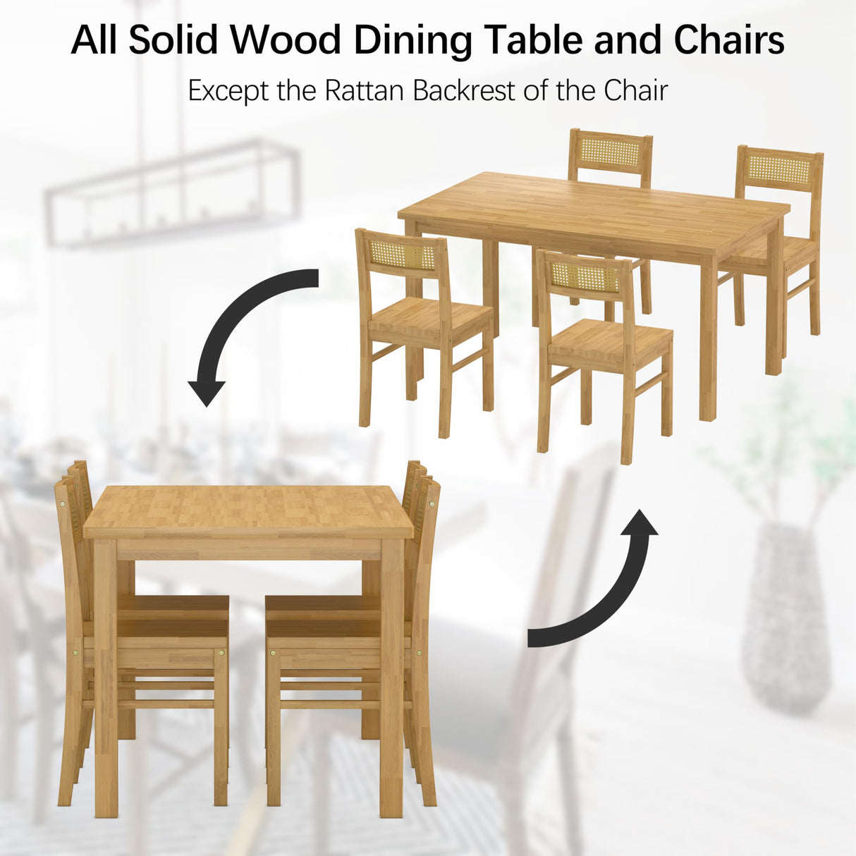 Orweiin Solid Wood Dining Table Set for 4, 43.3" Dining Table with Chairs Set, Kitchen Dining Table Set with Woven Rattan Backs, Farmhouse Solid Wood Table and Chairs, Natural Orweiin