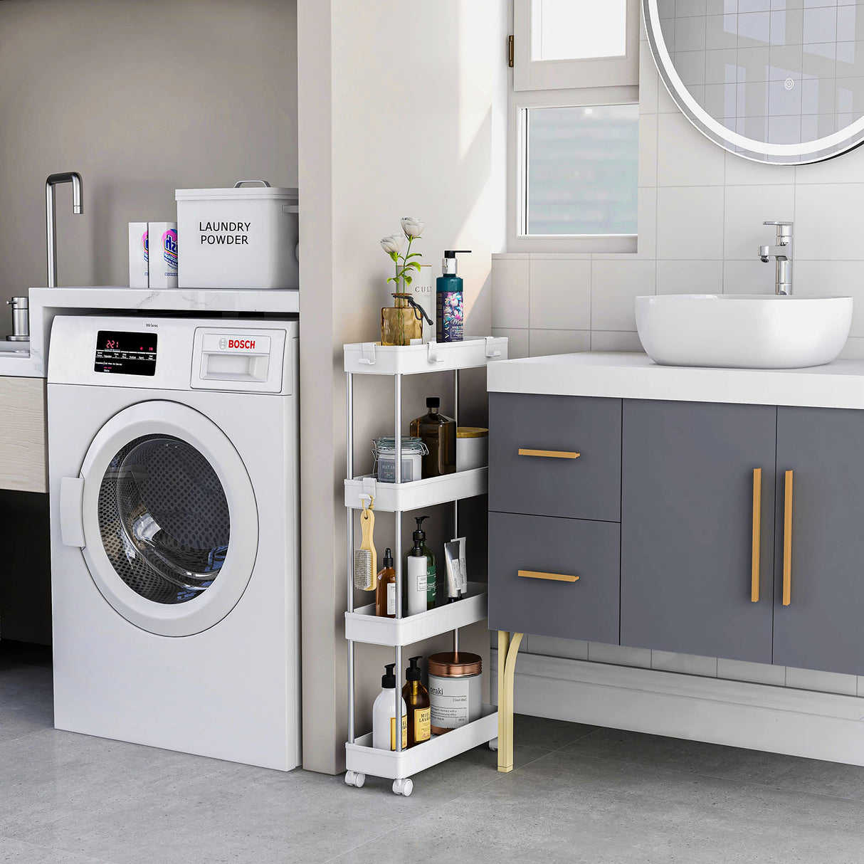 MELDEVO 4 Tier Slim Storage Cart Mobile Shelving Unit Organizer Slide Out Storage Rolling Utility Cart Tower Rack for Kitchen Bathroom Laundry Narrow Places, Plastic & Stainless Steel, White MELDEVO