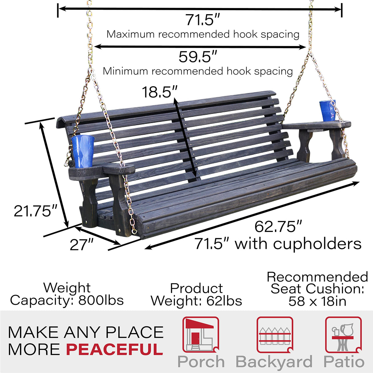 Amish Casual Heavy Duty 700 Lb Roll Back Treated Porch Swing with Hanging Chains and Cupholders (5 Foot, Semi-Solid Black Stain) Amish Casual