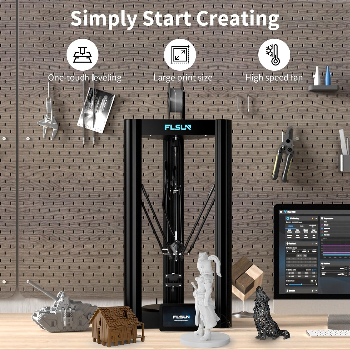 FLSUN V400 3D Printer Moving Speed Fastest 600mm/s 20000+ mm/s² FDM Delta 3D Printer with 7" Klipper Firmware Pad, 300℃ Nozzle, Direct Drive Extruder, PEI Bed, Printing Size Φ11.8"x16" (FLSUN V400) FLSUN