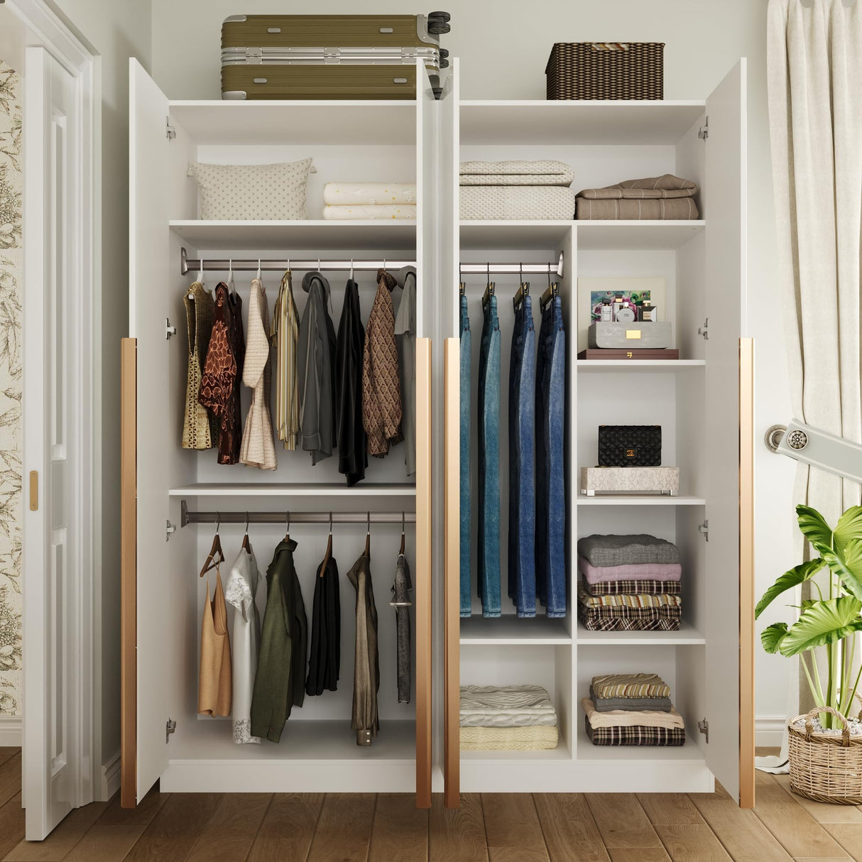 Homsee 63" W Wardrobe Closet Armoire with 4 Glossy Doors, Wooden Bedroom Clothing Storage Cabinet with 3 Hanging Rods & 10 Storage Compartments, White Homsee