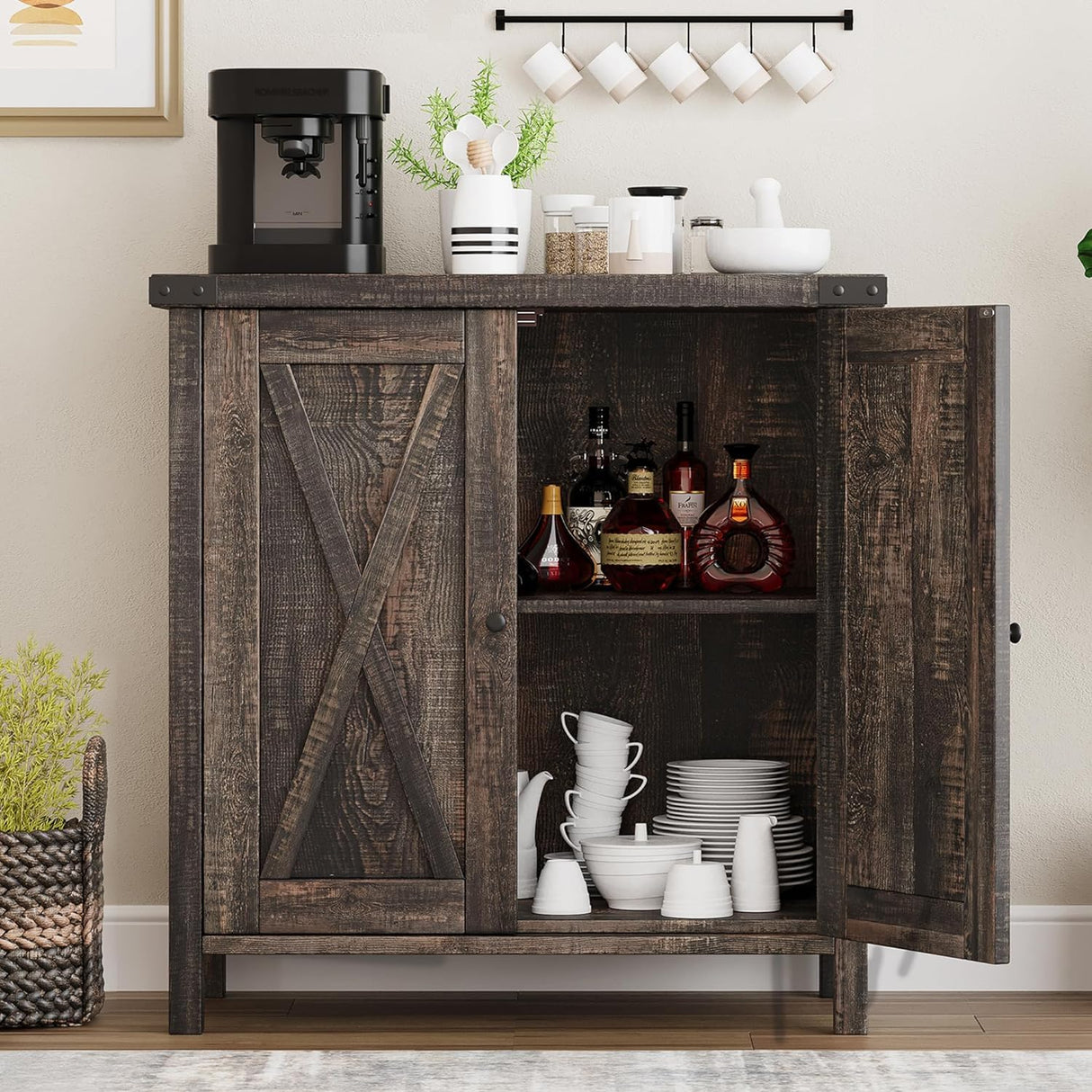 GarveeHome Farmhouse Sideboard Buffet Cabinet with Storage,Small Coffee Bar, Kitchen Storage Cabinet with Adjustable Shelf and 2 Barn Doors,for Living Room, Dining Room,Entryway,Rustic Oak GarveeHome