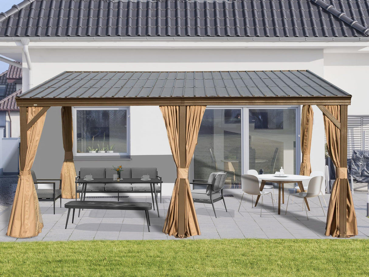 Domi 12x16FT Lean to Gazebo, Hardtop Wall Mounted Gazebo with Sloping Galvanized Steel Roof, Aluminum Frame, Drainage System, Curtains and Netting, for Patio, Deck, Garden, Backyard domi outdoor living
