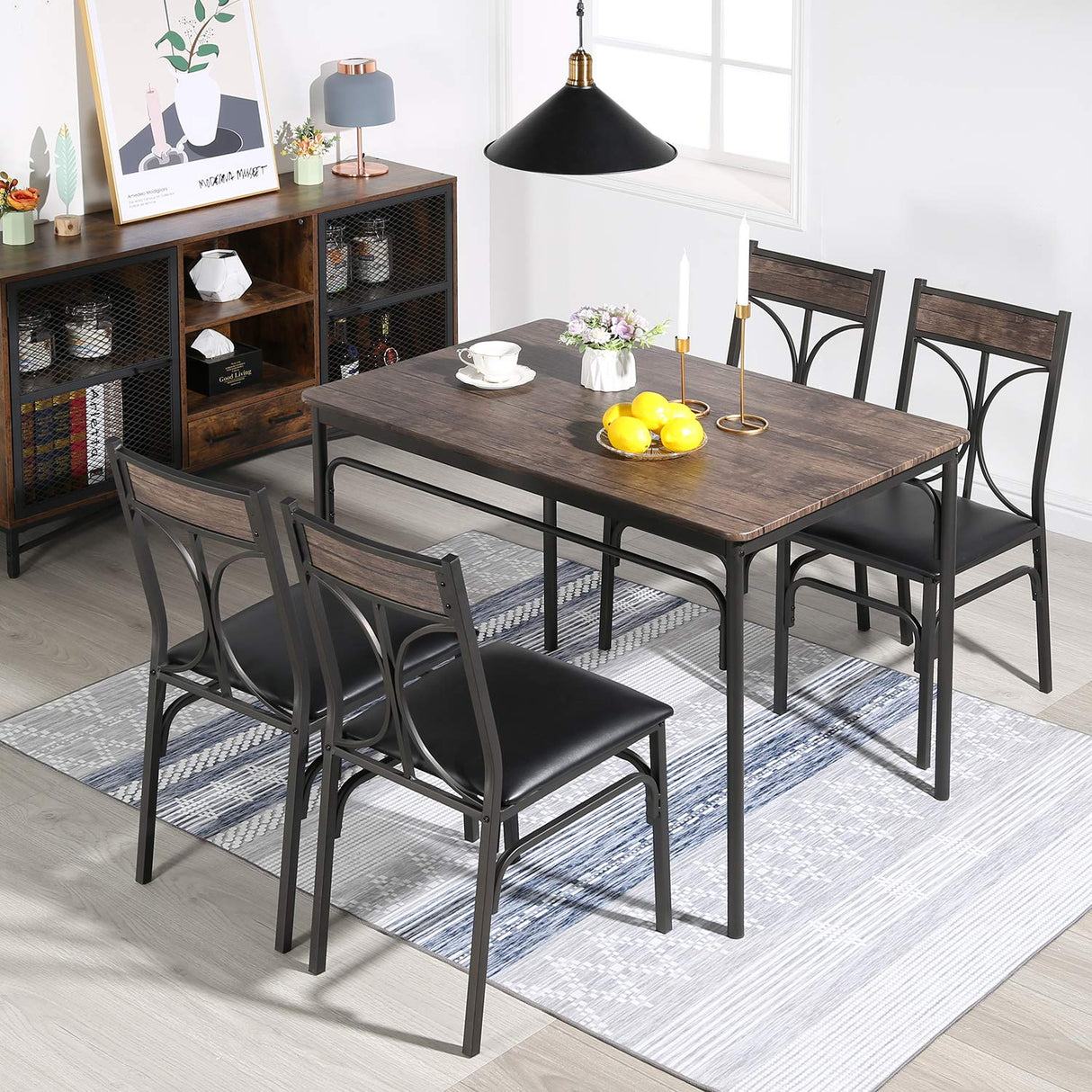 VECELO 5 Piece Kitchen Table Set for Dining Room,Dinette,Breakfast Nook,Industrial Style, Seating for Four, Brown VECELO