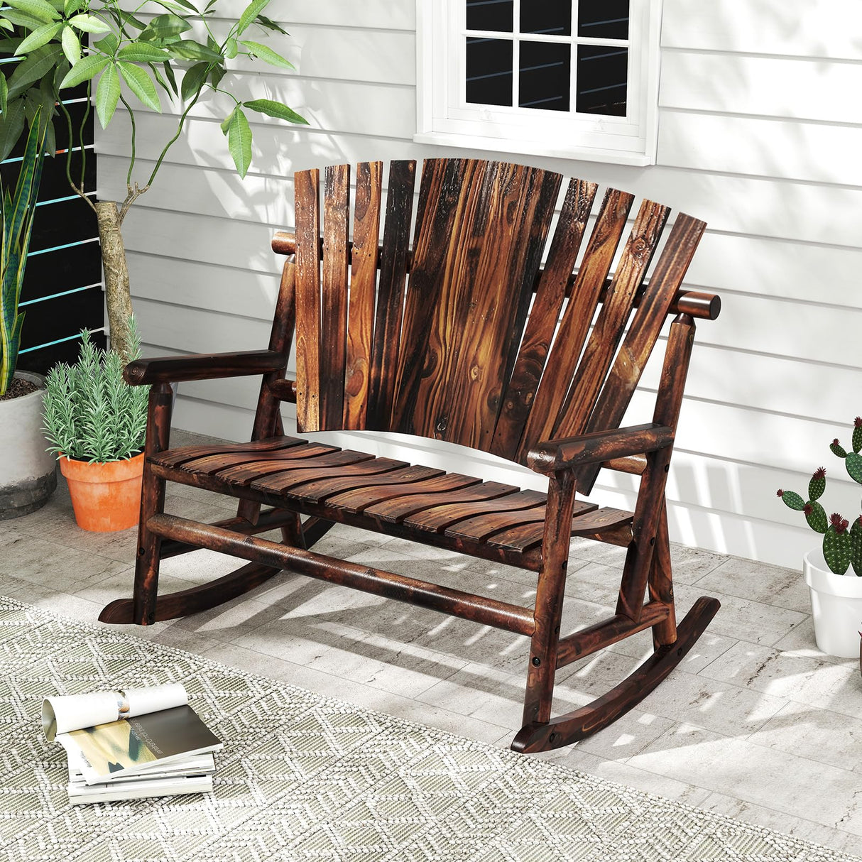 Tangkula 2-Person Wood Outdoor Rocking Chair, Outside Adirondack Rocker with High Back and Slatted Seat, Oversized Porch Rocking Chair for Balcony, Garden, Backyard, Patio Tangkula