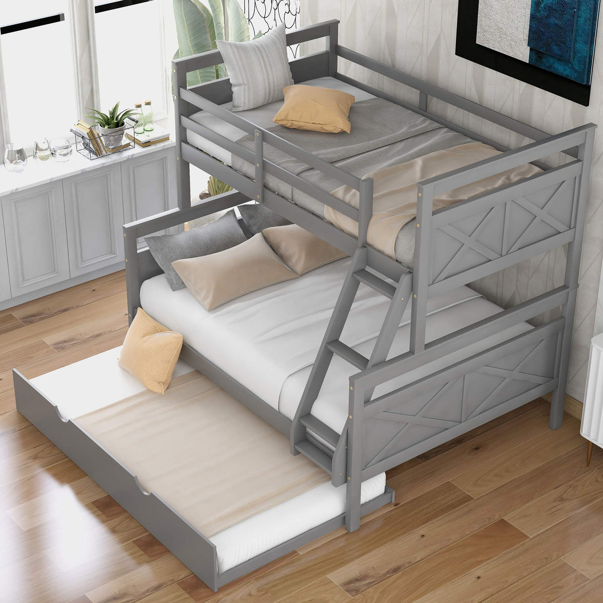 Merax Grey Twin Over Full Solid Wood Trundle Bunk Bed with Guardrail and Ladder Merax