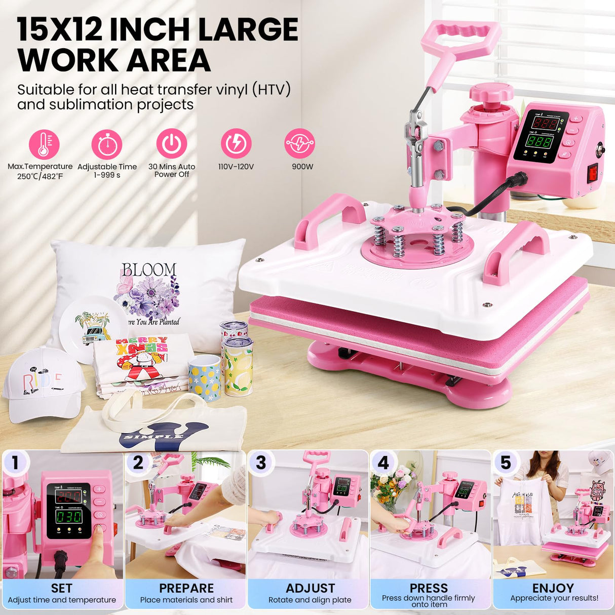 Whubefy 5 in 1 Heat Press Machine 15"x12" with Tumbler Press Hat Press, Industrial Sublimation Heat Press Machine for T Shirts Bags Hat Cap Mug Plate, 360° Swing Away T Shirt Press Machine Transfer Whubefy